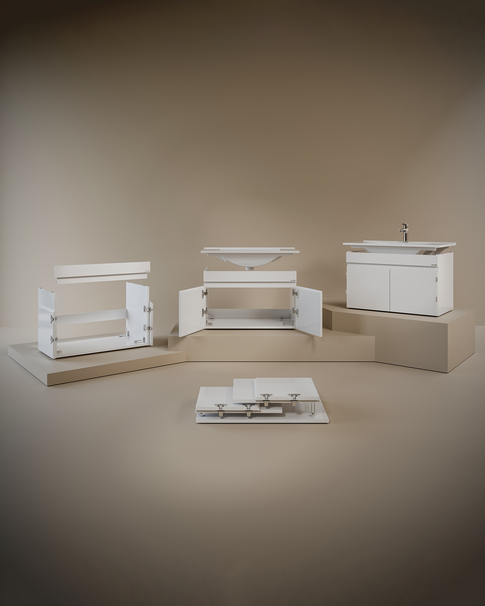Flexio 65 Cm Kapaklı Katlanabilir Lavabo Dolabı 270 Derece Beyaz Set