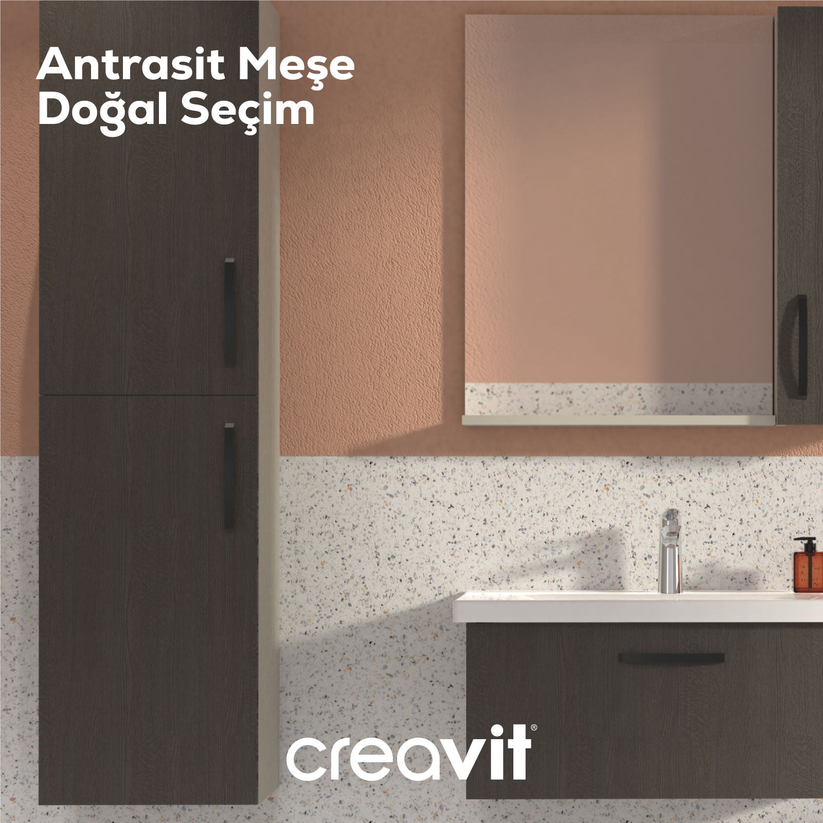 D10 Next Lavabo Dolabı Kapaklı 100 cm Dafne Melamin Gövde Antrasit Meşe Kapak - Creavit | Banyo Bu Tarafta