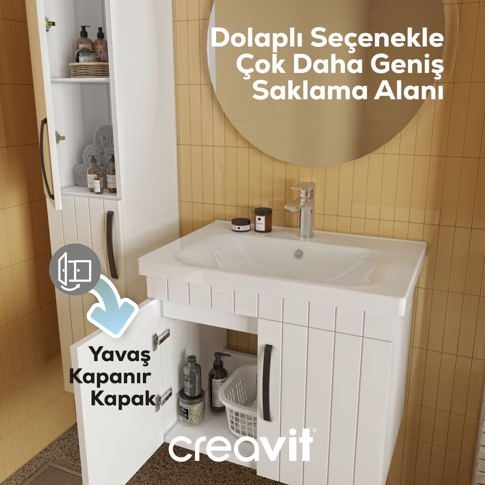 D10 Next Lavabo Dolabı Kapaklı 100 cm Beyaz Melamin Gövde Lake Kapak - Creavit | Banyo Bu Tarafta