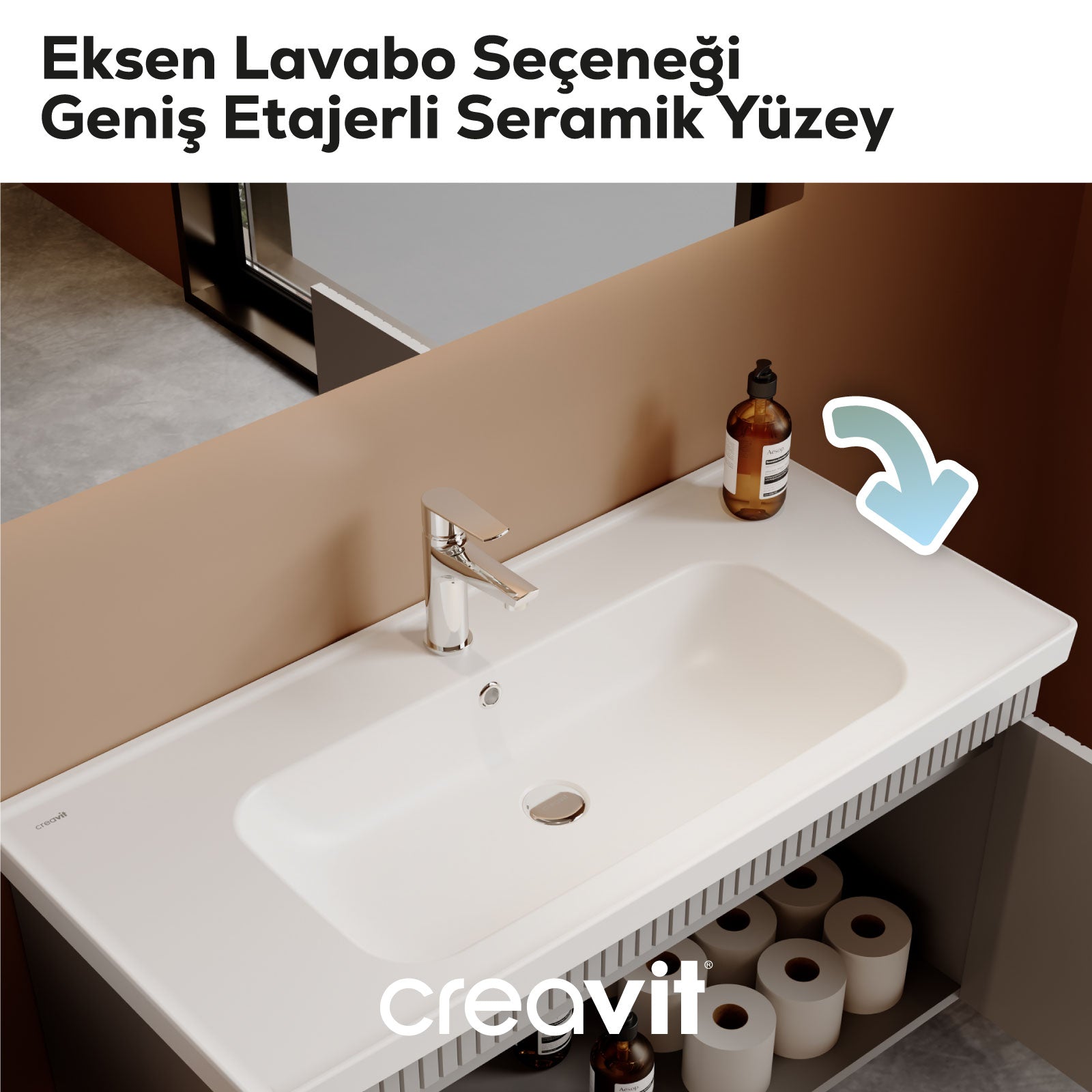 D10 Eksen Lavabo Dolabı İki Çekmeceli 100 cm Beyaz Lake Kapak - Creavit | Banyo Bu Tarafta