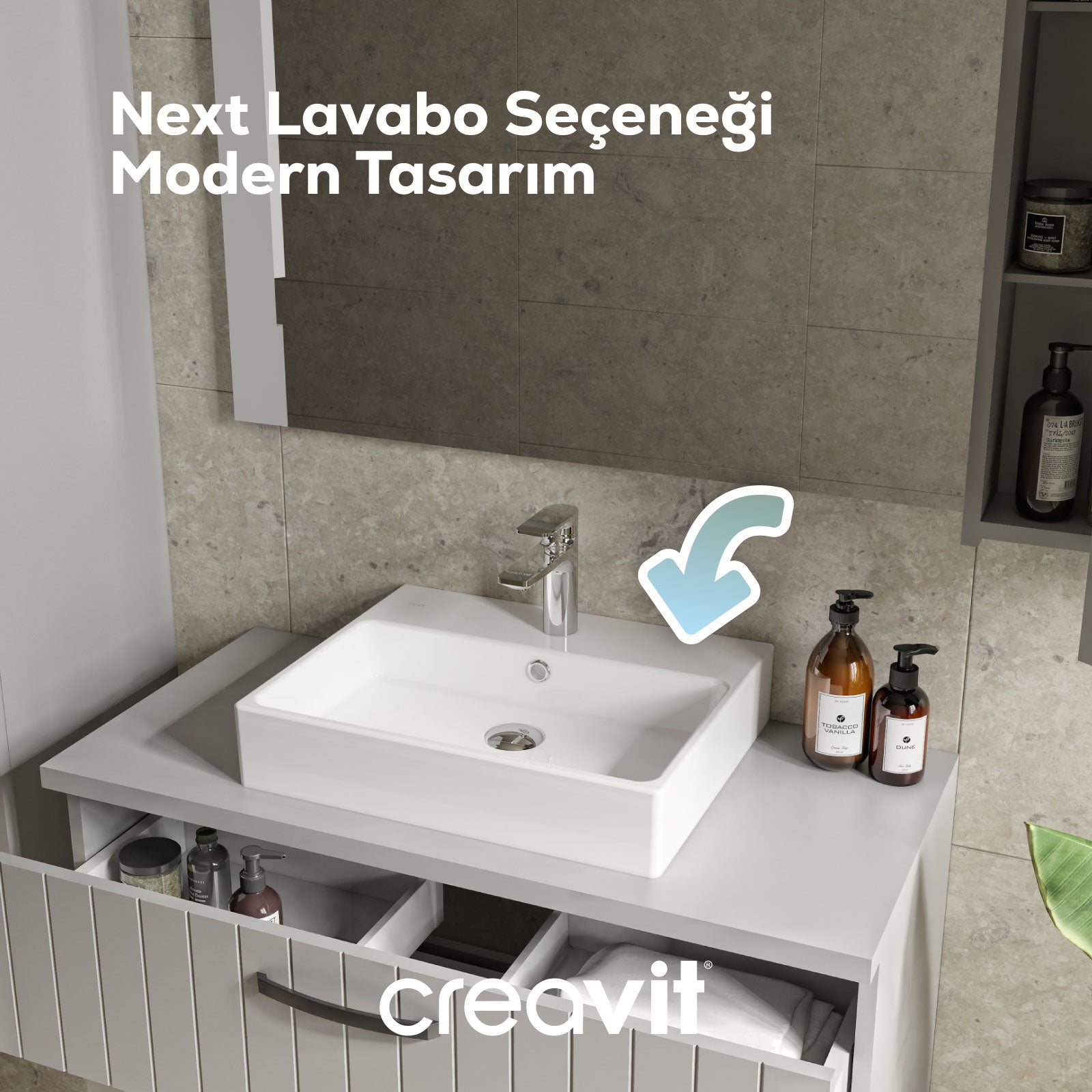 D10 Next Lavabo Dolabı Kapaklı 100 cm Gri Melamin Gövde Lake Kapak - Creavit | Banyo Bu Tarafta