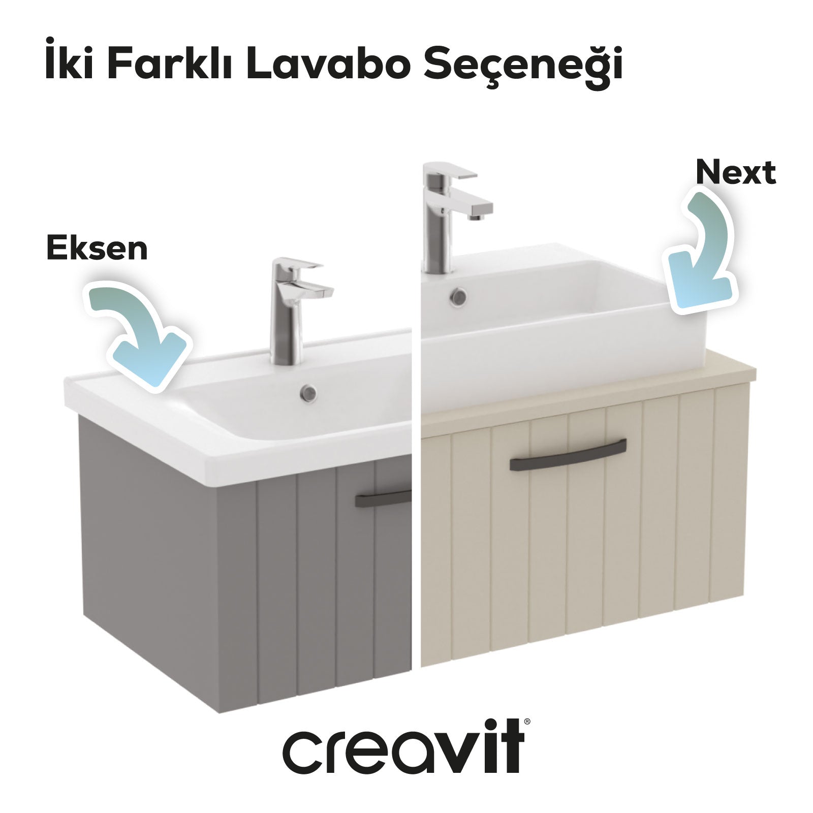 D10 Next Lavabo Dolabı İki Çekmeceli 80 cm Gri Gövde Antrasit Kapak - Creavit | Banyo Bu Tarafta