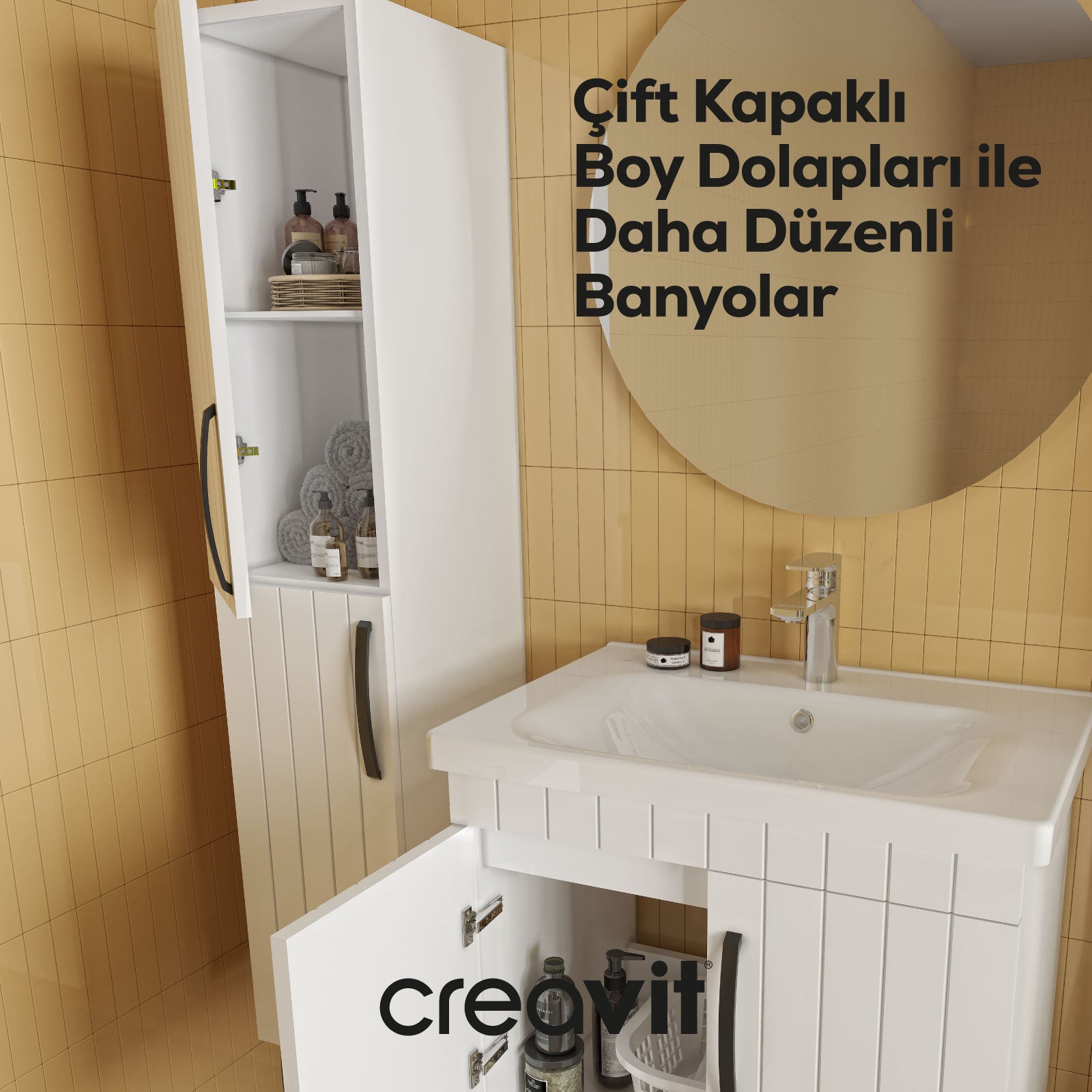 D10 30 cm Sağ Boy Dolabı Beyaz Melamin Gövde Lake Kapak - Creavit | Banyo Bu Tarafta