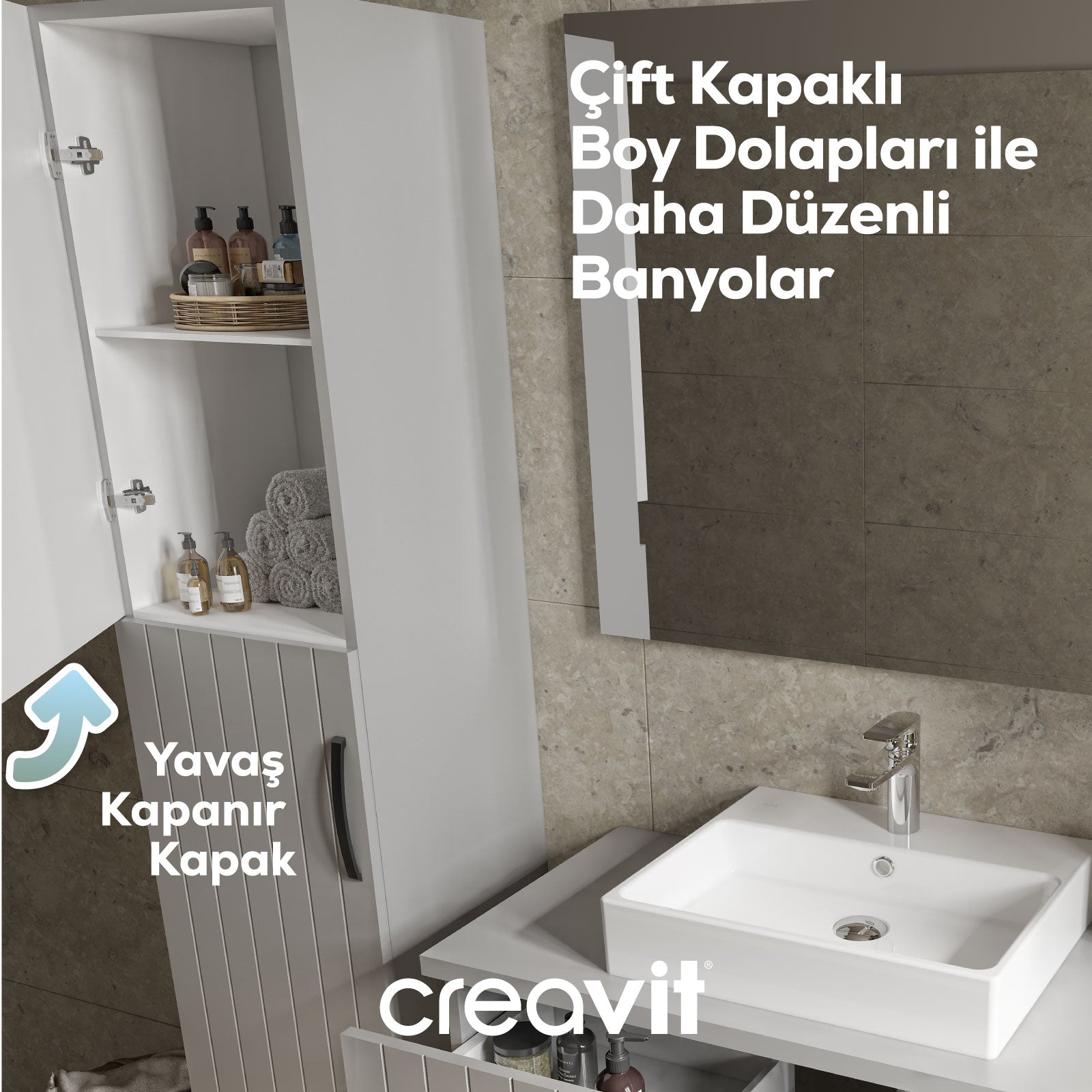 D10 40 cm Sağ Boy Dolabı Beyaz Melamin Gövde Lake Kapak - Creavit | Banyo Bu Tarafta