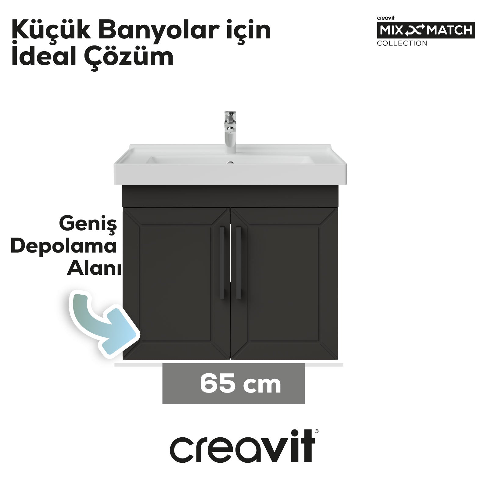 D20 65 Cm KAPAKLI Lavabo Dolabı Antrasit LAKE Kapak (Demonte Gönderilir)