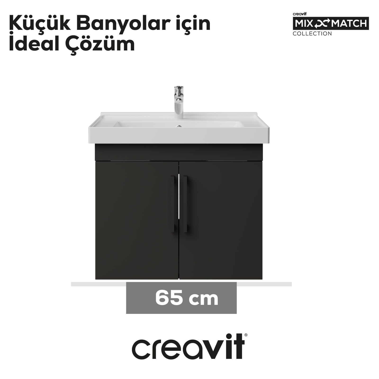 D20 65 cm Kapaklı Lavabo Dolabı Antrasit Melamin Kapak (Demonte Gönderilir)