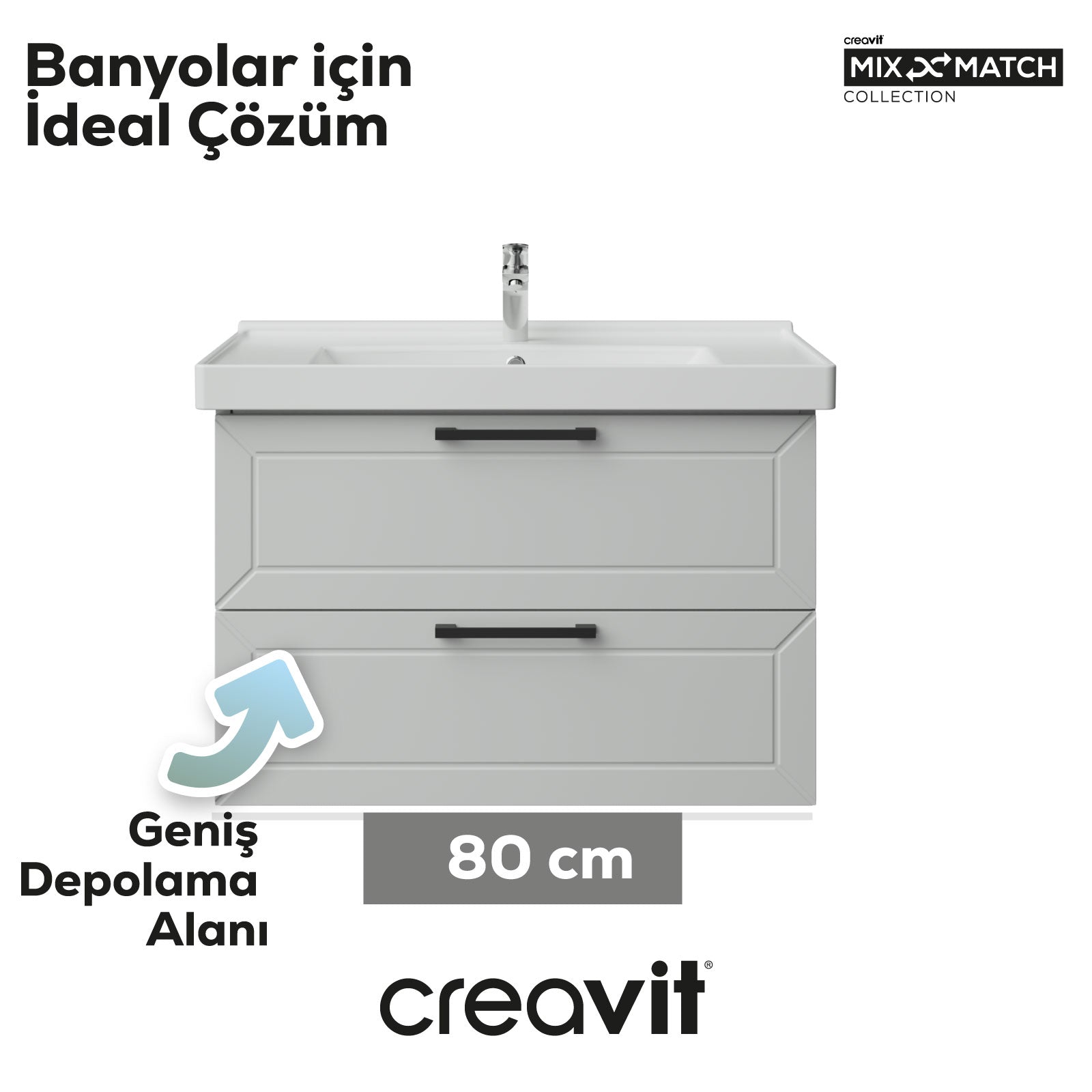 D20 80cm İki Çekmeceli Lavabo Dolabı Beyaz Lake Kapak (Demonte)