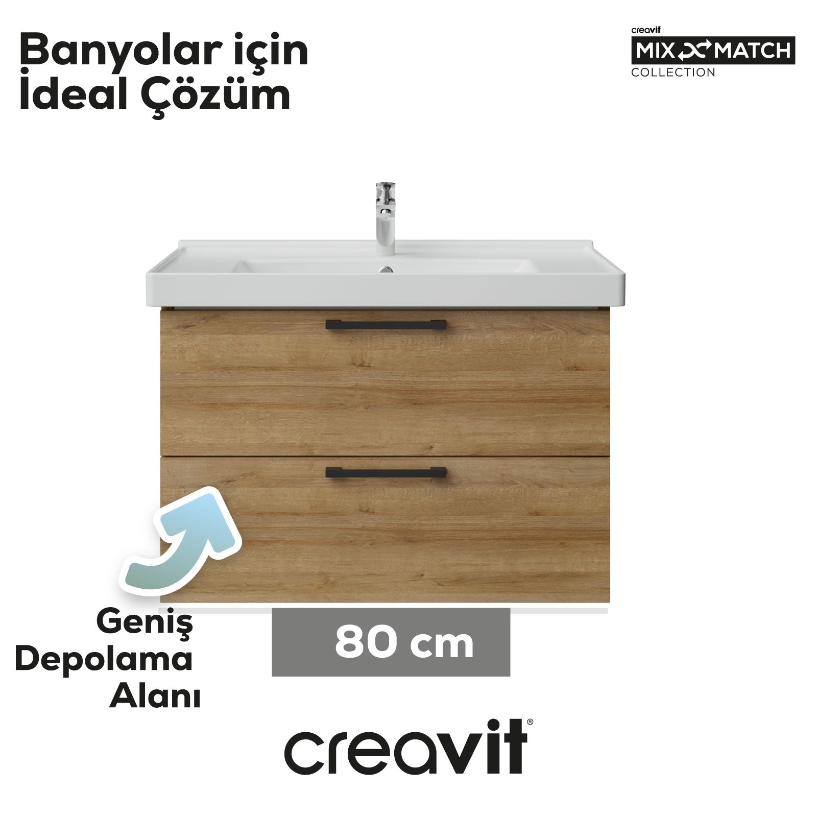 D20 80cm İki Çekmeceli Lavabo Dolabı Everest Melamin Kapak (Demonte)