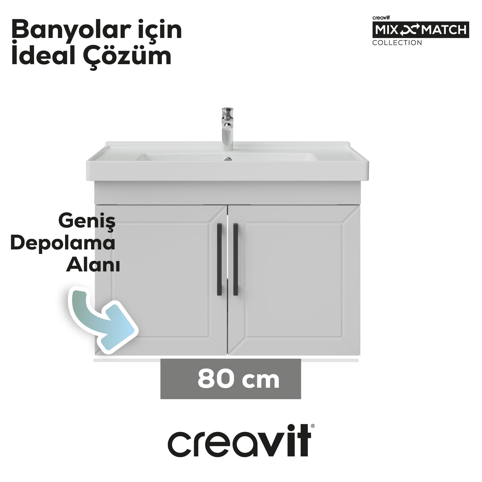 D20 80 cm Kapaklı Lavabo Dolabı Beyaz Lake Kapak (Demonte)