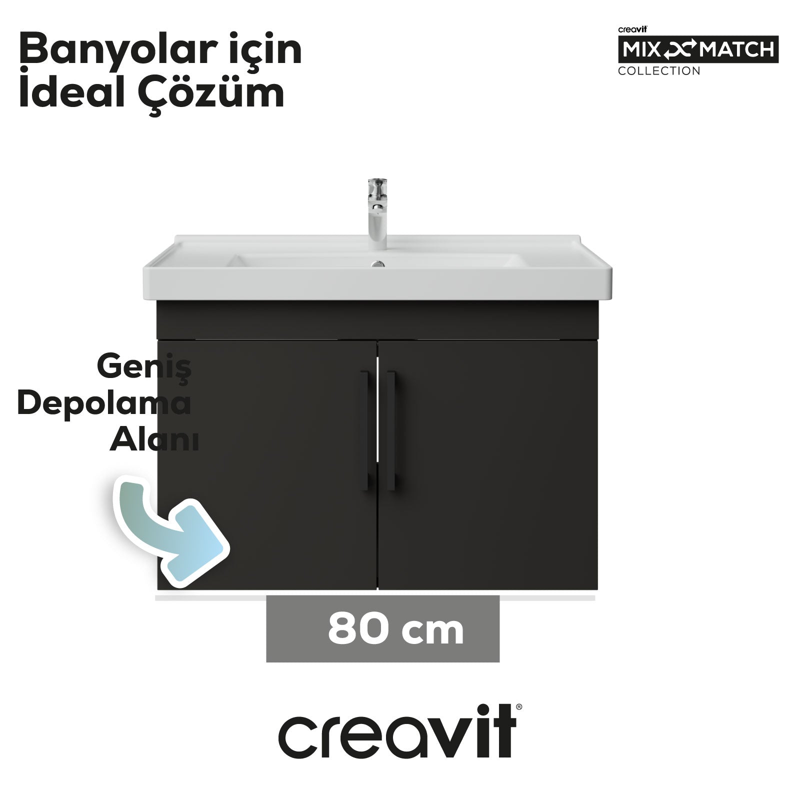 D20 80 cm Kapaklı Lavabo Dolabı Antrasit Melamin Kapak (Demonte)