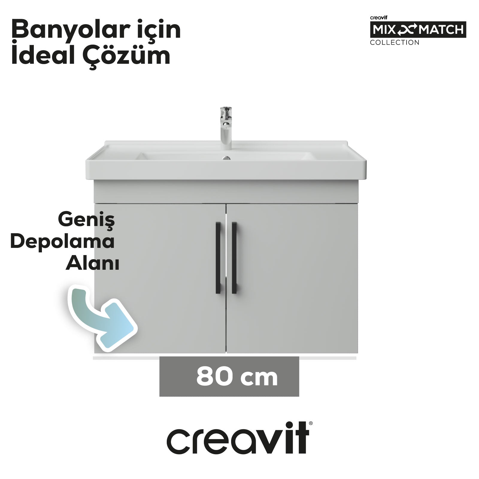 D20 80 cm Kapaklı Lavabo Dolabı Beyaz Melamin Kapak (Demonte)