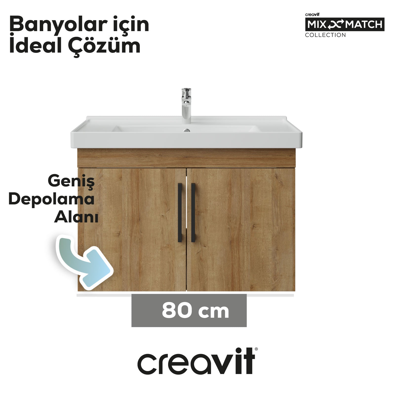 D20 80 cm Kapaklı Lavabo Dolabı Everest Melamin Kapak (Demonte)