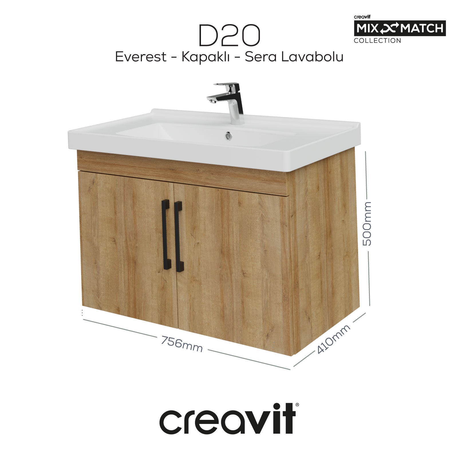 D20 80 cm Kapaklı Lavabo Dolabı Everest Melamin Kapak (Demonte)