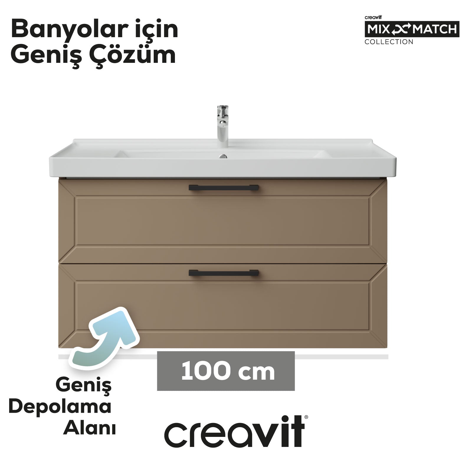 D20 100cm İki Çekmeceli Lavabo Dolabı Dafne Lake Kapak (Demonte Gönderilir)