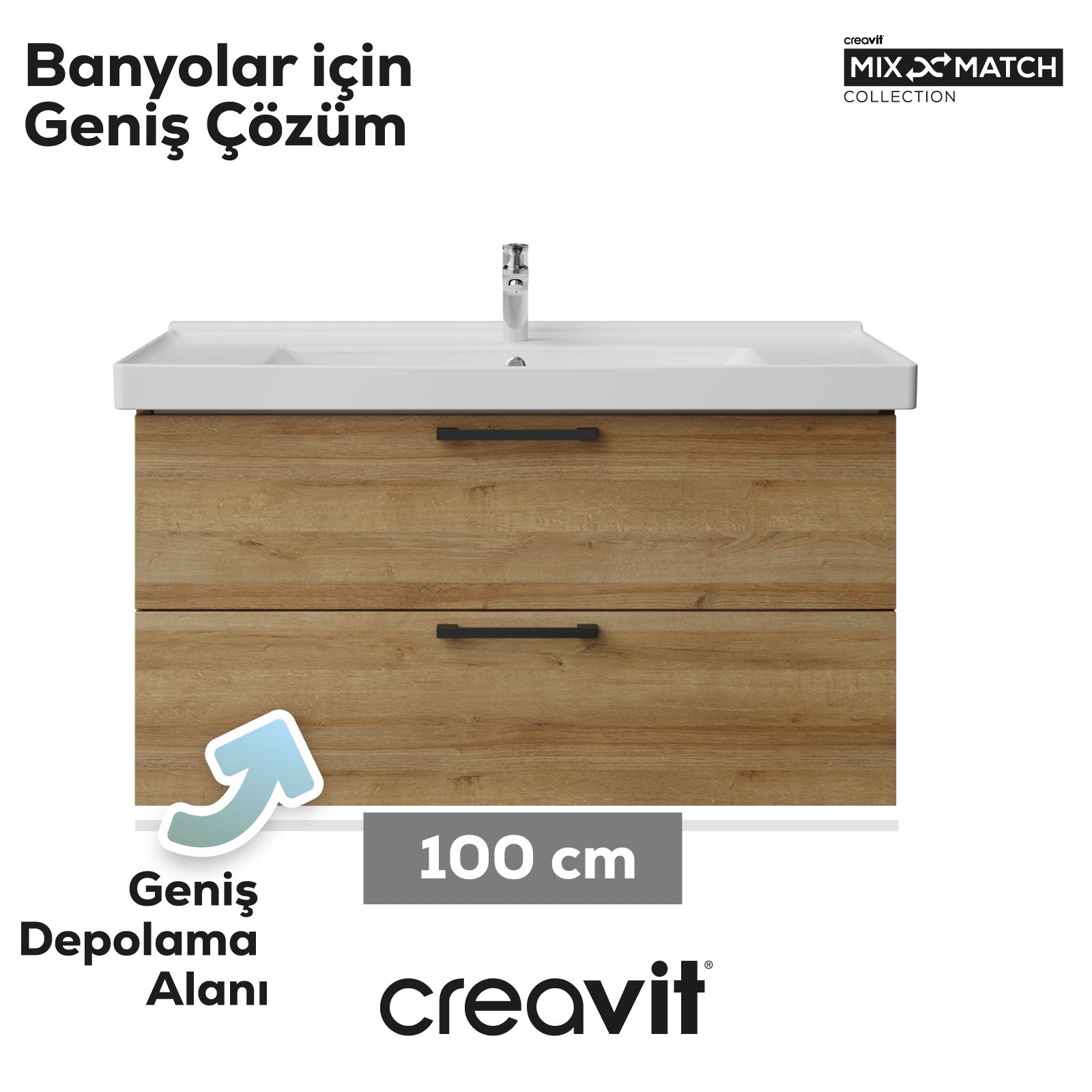 D20 100cm İki Çekmeceli Lavabo Dolabı Everest Melamin Kapak (Demonte Gönderilir)