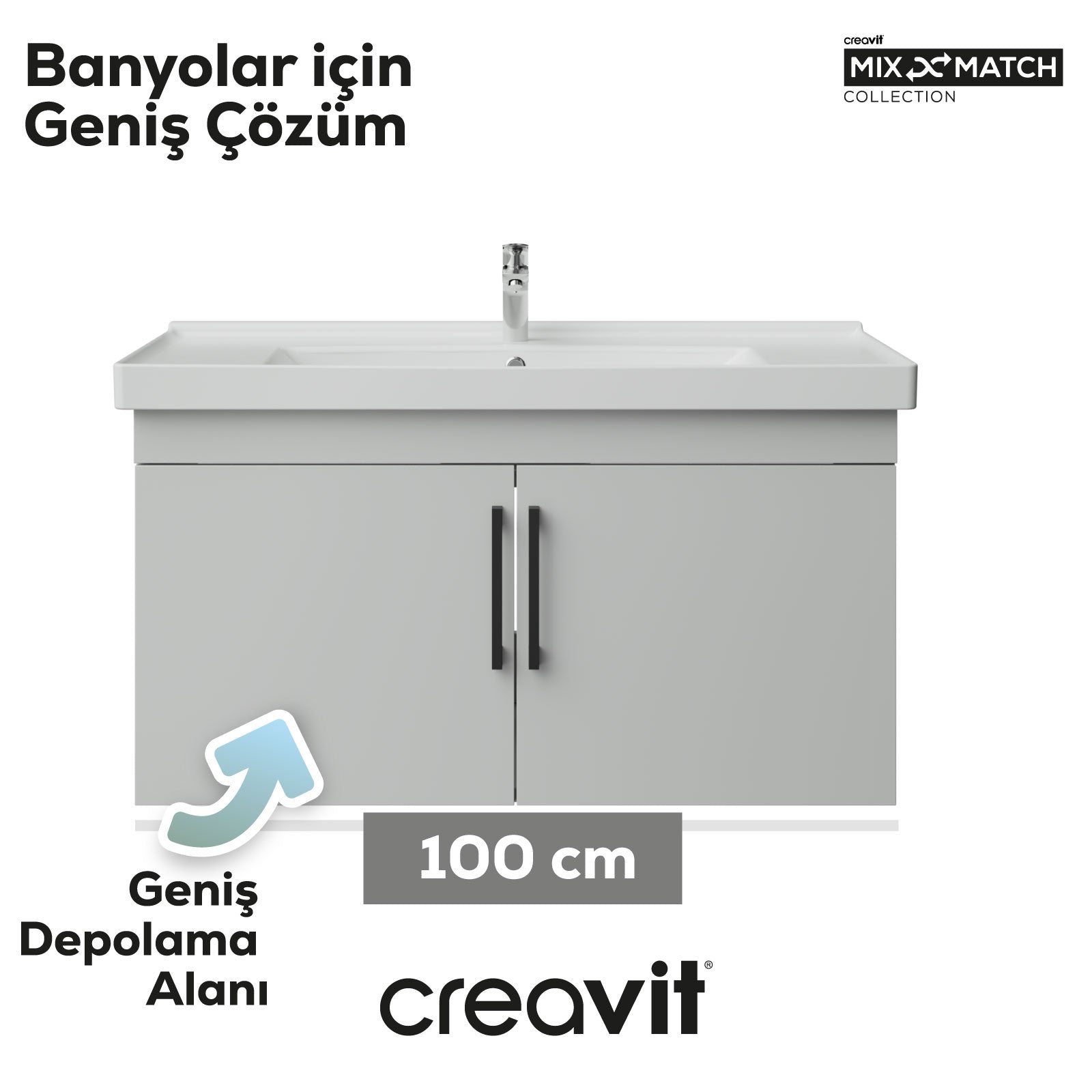 D20 100 cm Kapaklı Lavabo Dolabı Beyaz Melamin Kapak (Demonte Gönderilir)