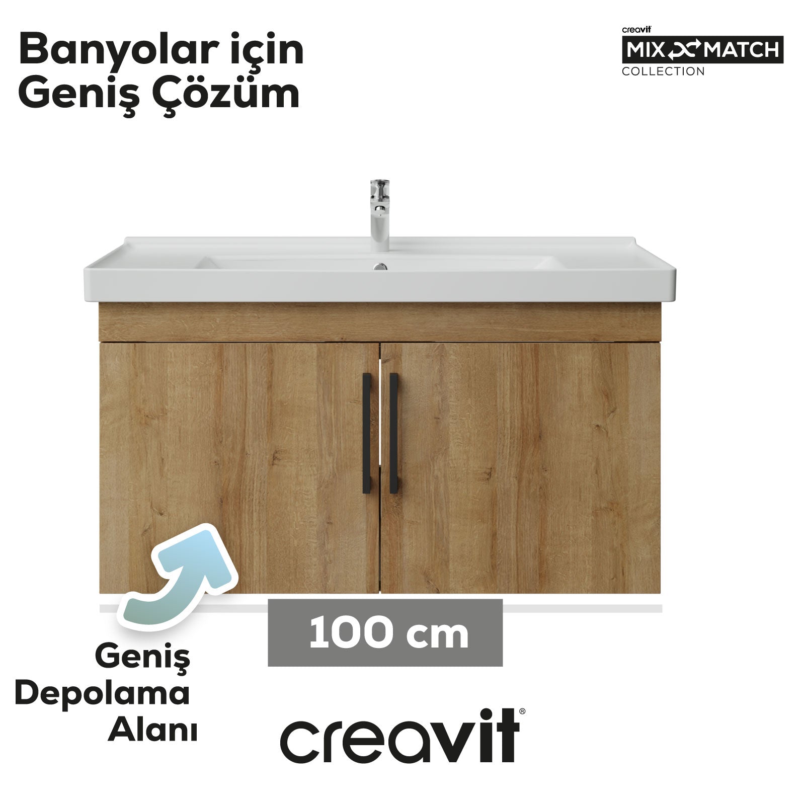 D20 100 cm Kapaklı Lavabo Dolabı Everest Melamin Kapak (Demonte Gönderilir)