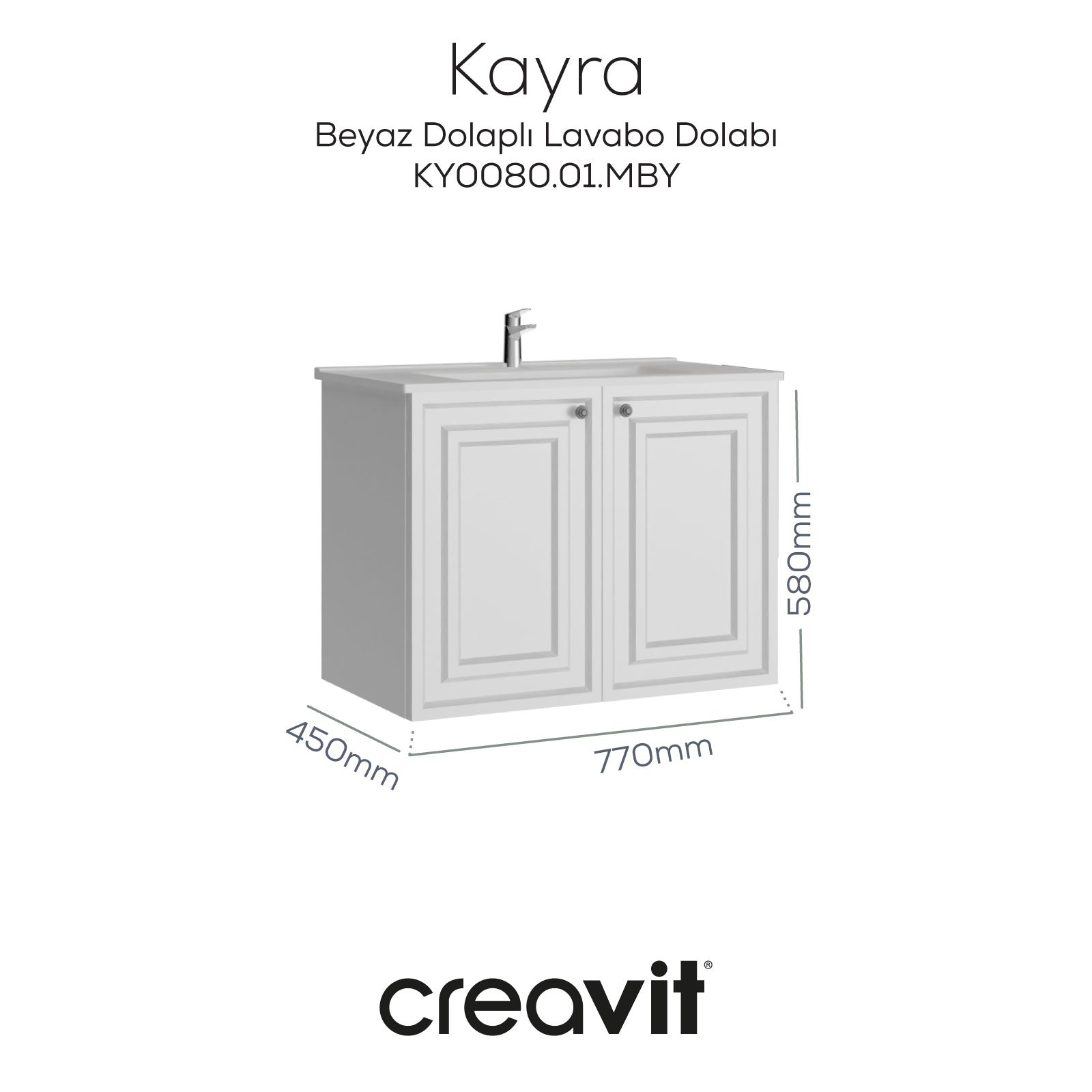 Kayra Lavabo Dolabı Kapaklı 80cm Mat Beyaz