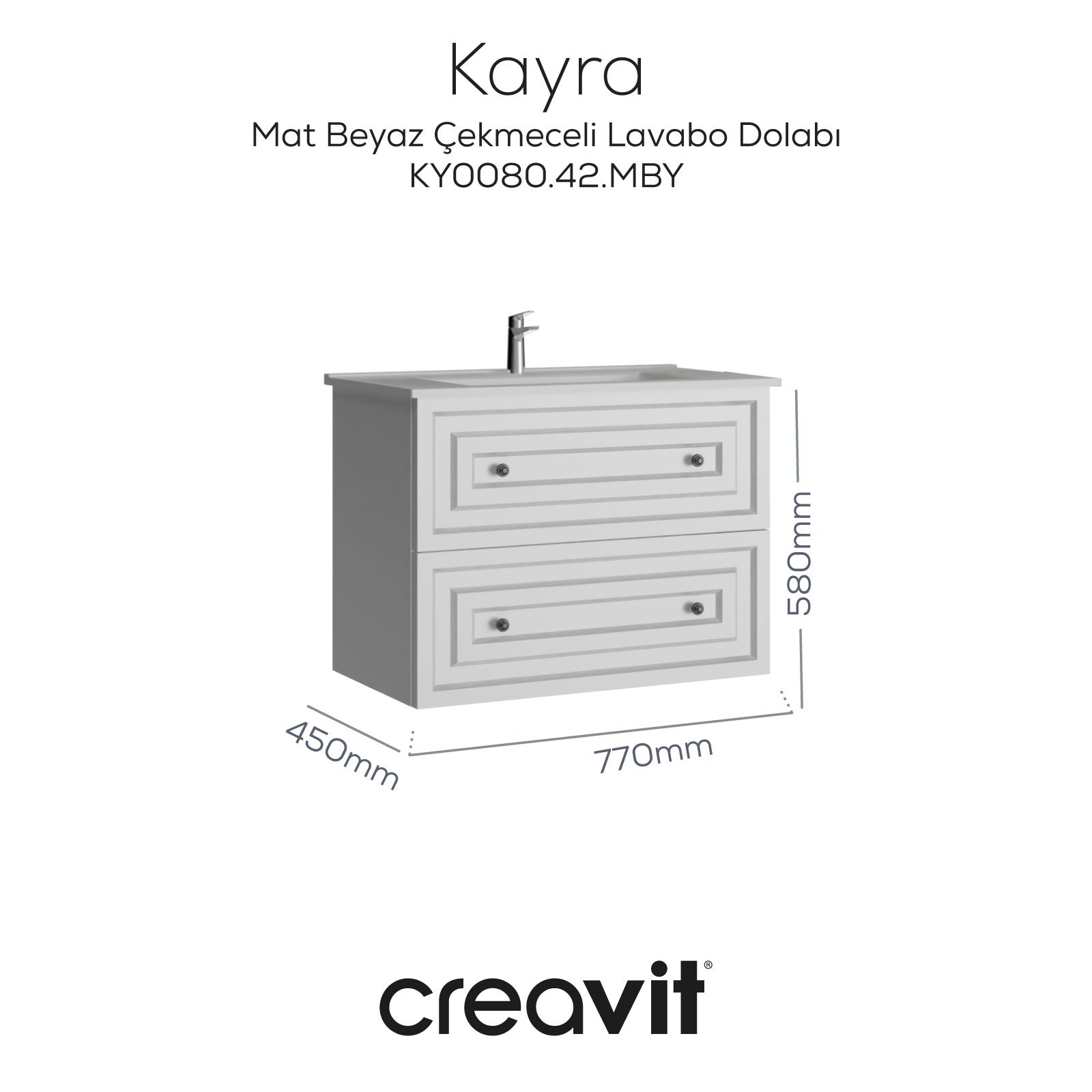 Kayra Lavabo Dolabı Çekmeceli 80cm Mat Beyaz