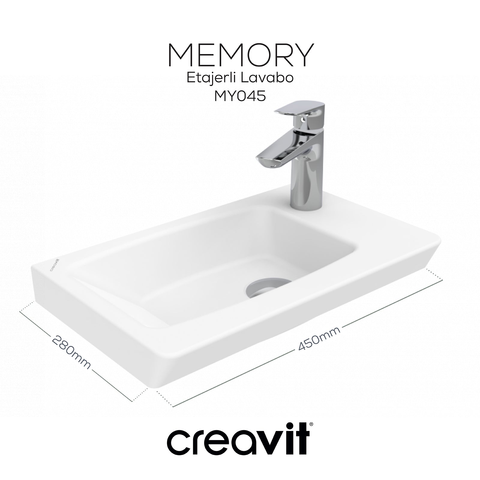 Memory Etajerli Lavabo 45 cm Beyaz - Creavit | Banyo Bu Tarafta