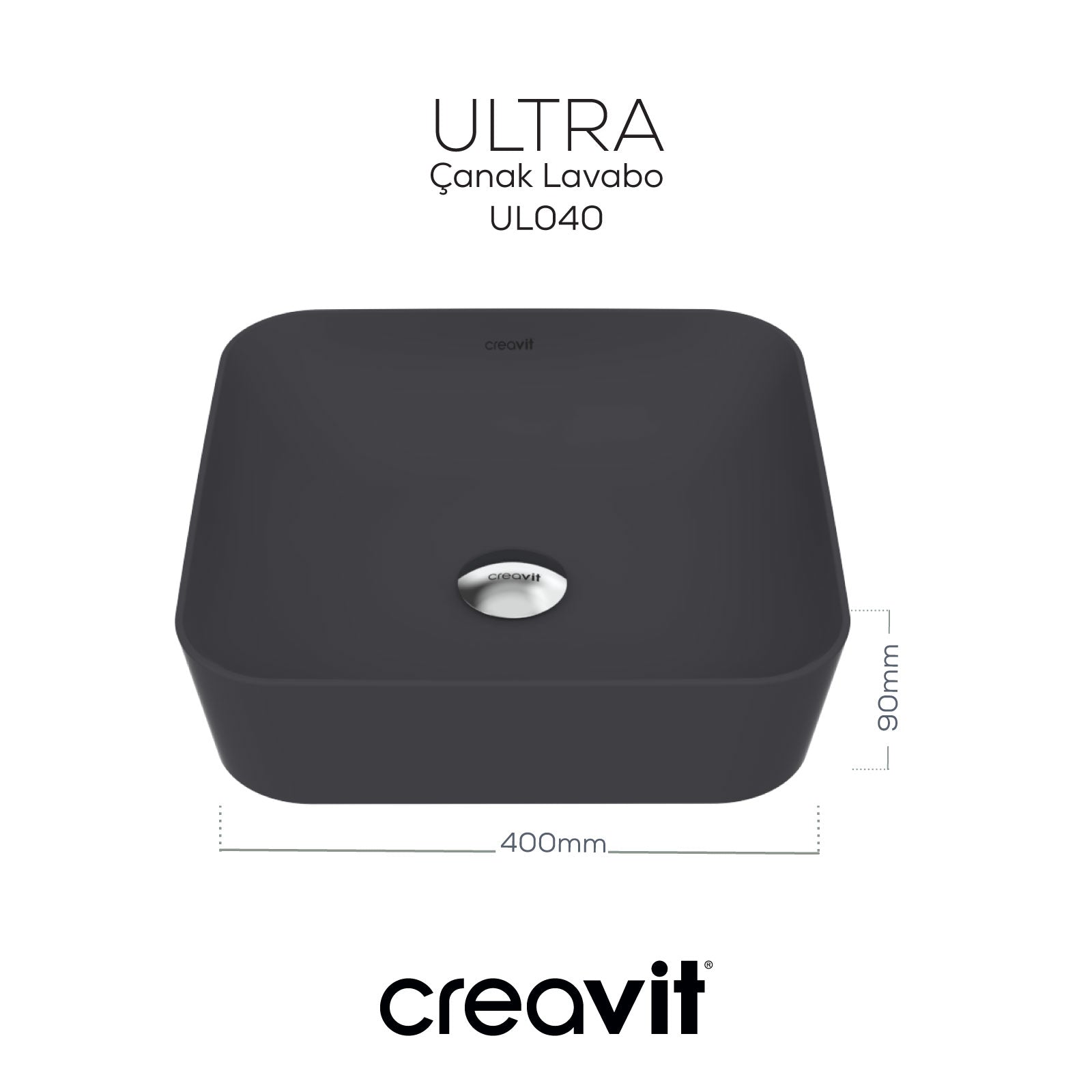 Ultra Kare Çanak Lavabo 40cm Mat Antrasit - Creavit | Banyo Bu Tarafta