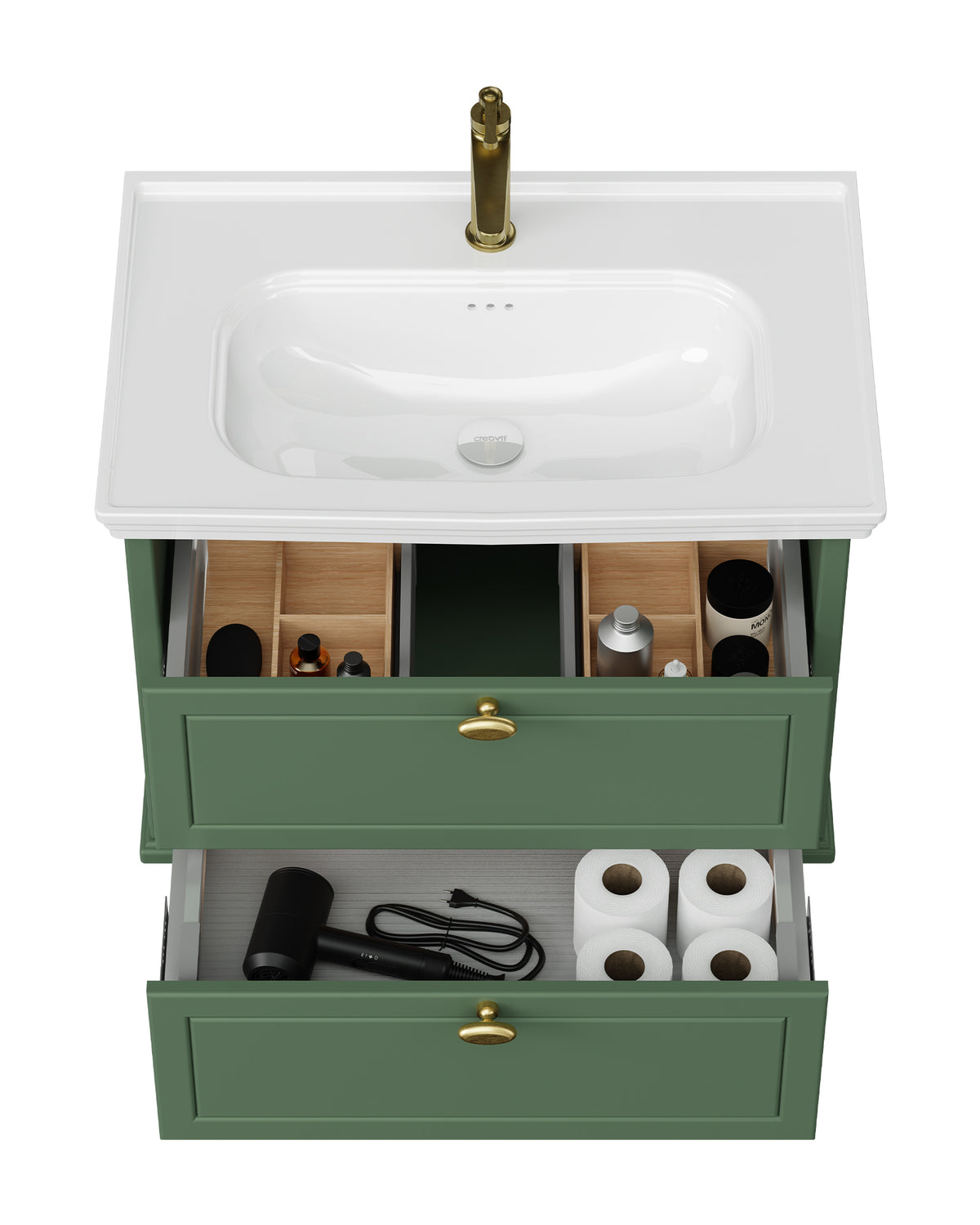 Antik İki Çekmeceli 80 Cm Zeytuni Lavabo Dolabı Seti
