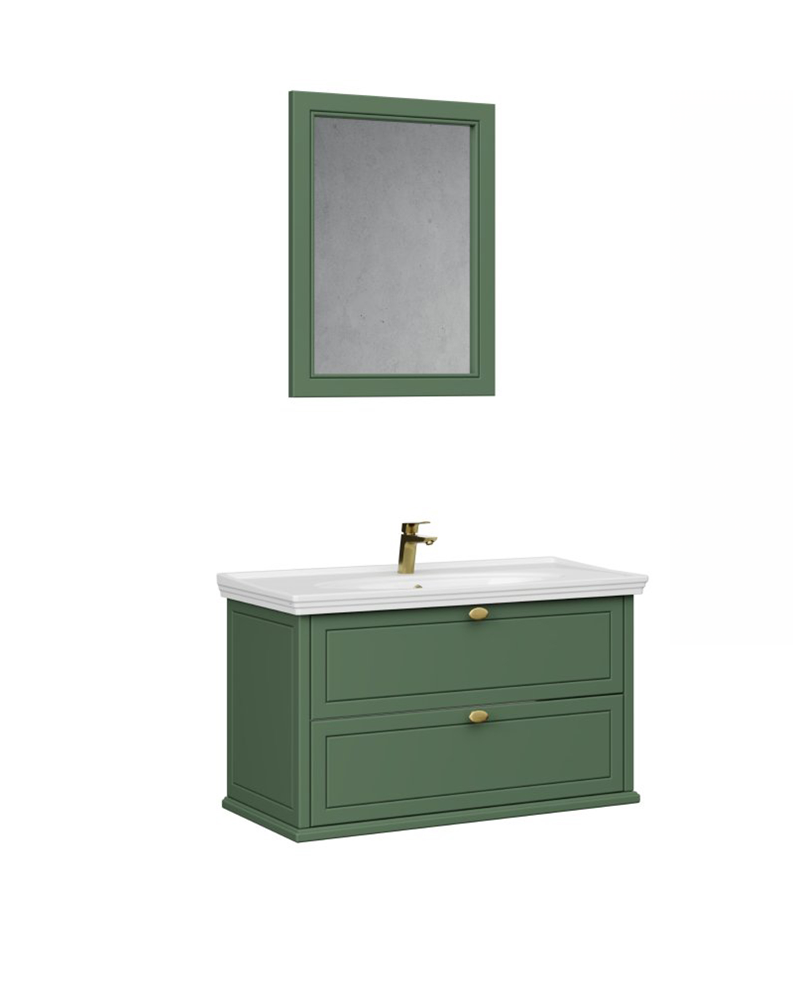 Antik İki Çekmeceli 100 Cm Zeytuni Lavabo Dolabı İkili Set
