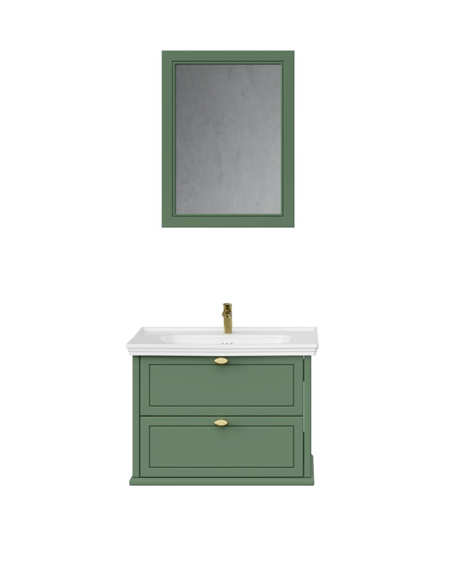 Antik İki Çekmeceli 80 Cm Zeytuni Lavabo Dolabı İkili Set