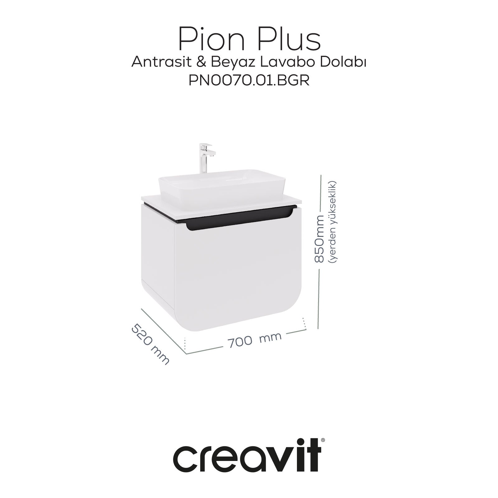 Pion Plus Lavabo Dolabı 70 cm Mat Beyaz - Antrasit - Creavit | Banyo Bu Tarafta