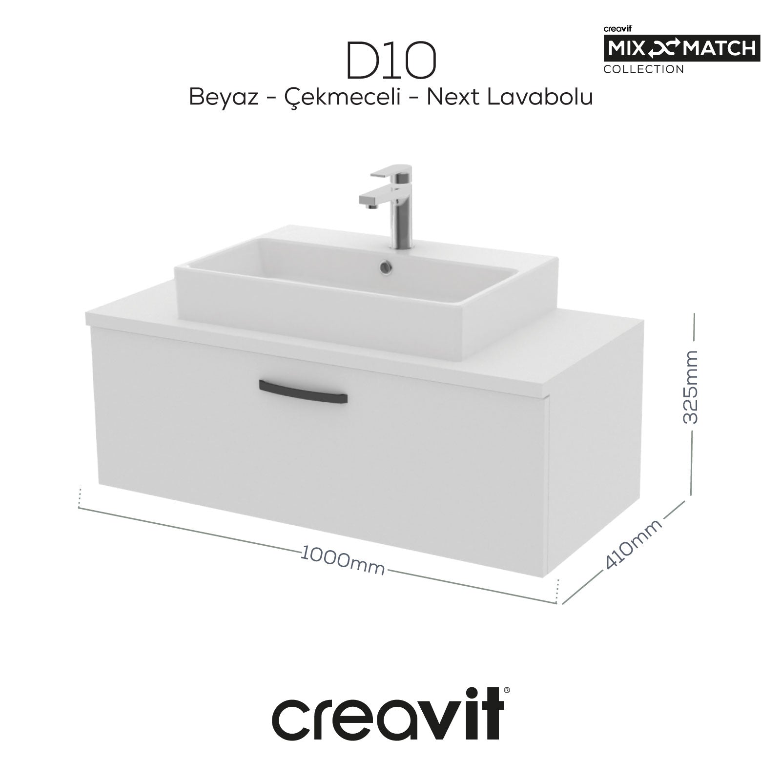 D10 Next Lavabo Dolabı Çekmeceli 100 cm Beyaz Melamin Gövde - Creavit | Banyo Bu Tarafta