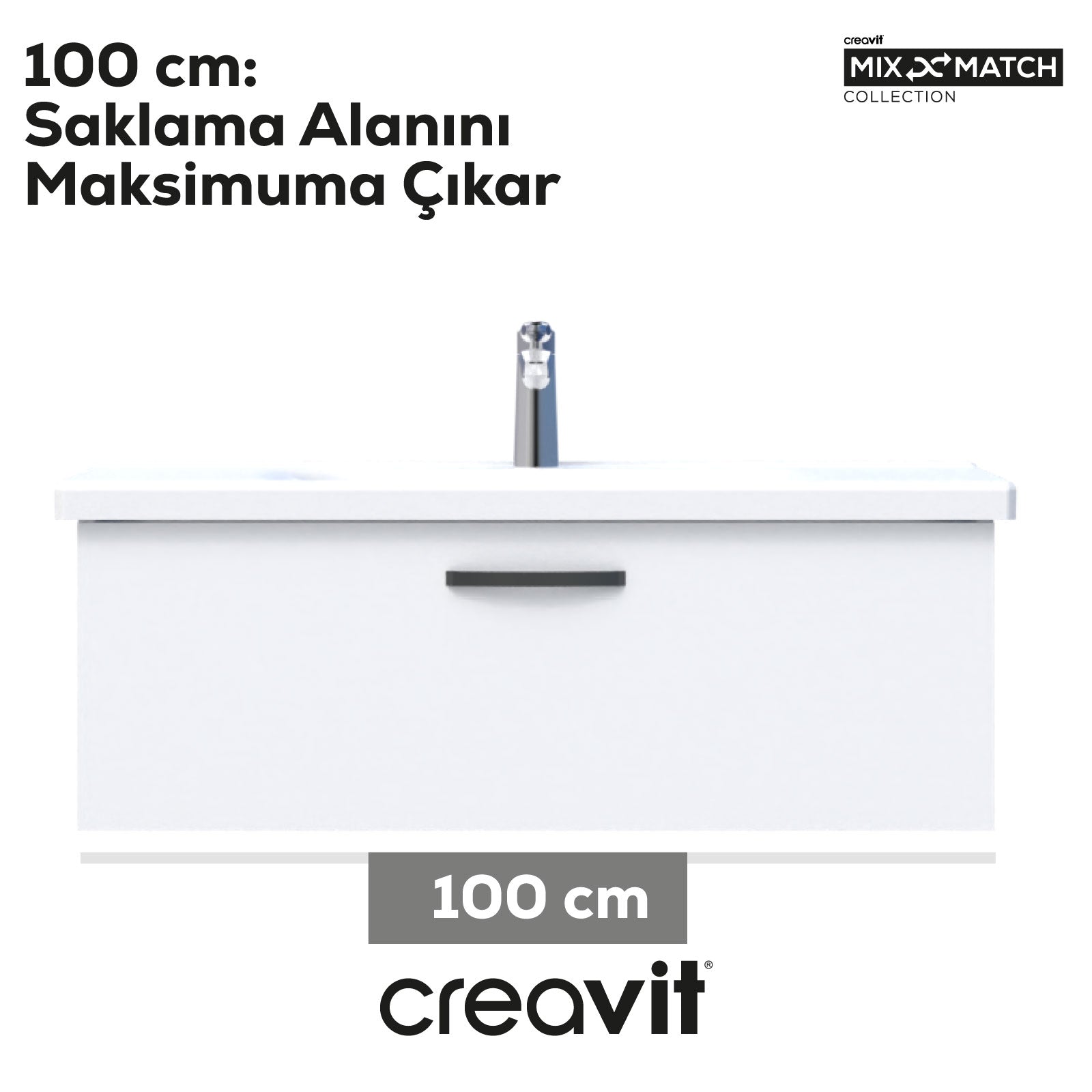 D10 Eksen Lavabo Dolabı Çekmeceli 100 cm Beyaz Melamin - Creavit | Banyo Bu Tarafta