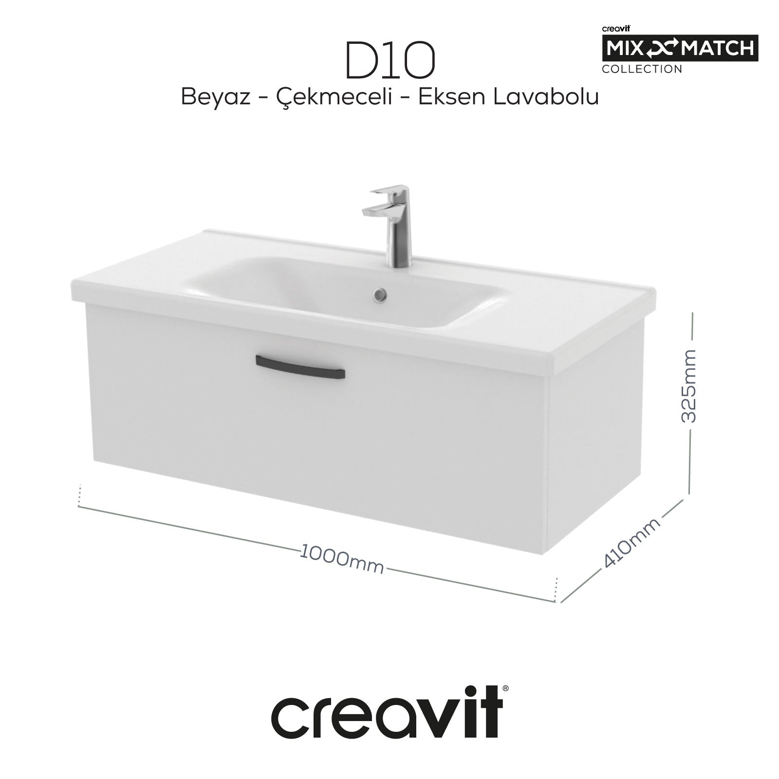 D10 Eksen Lavabo Dolabı Çekmeceli 100 cm Beyaz Melamin - Creavit | Banyo Bu Tarafta