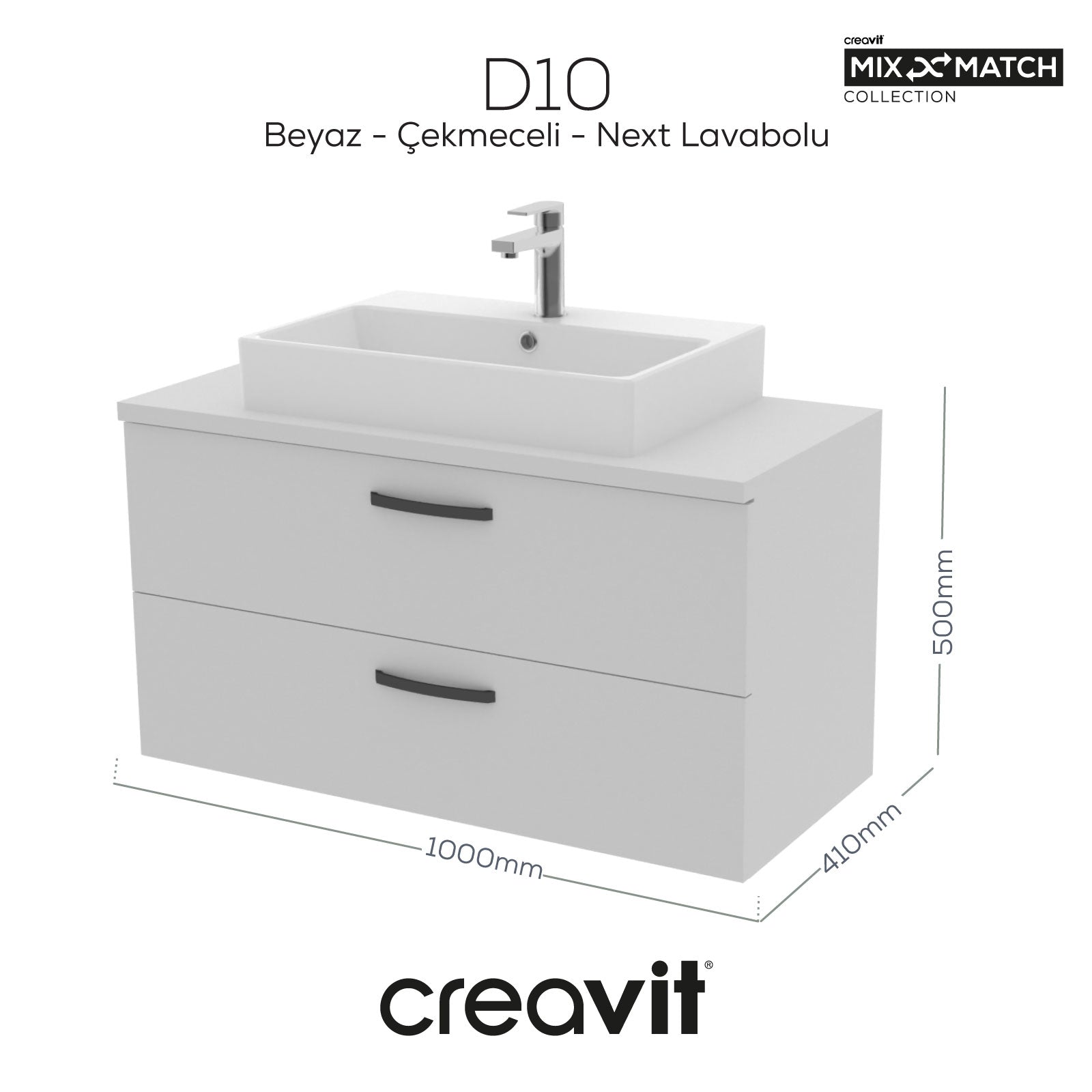 D10 Next Lavabo Dolabı İki Çekmeceli 100 cm Beyaz - Creavit | Banyo Bu Tarafta