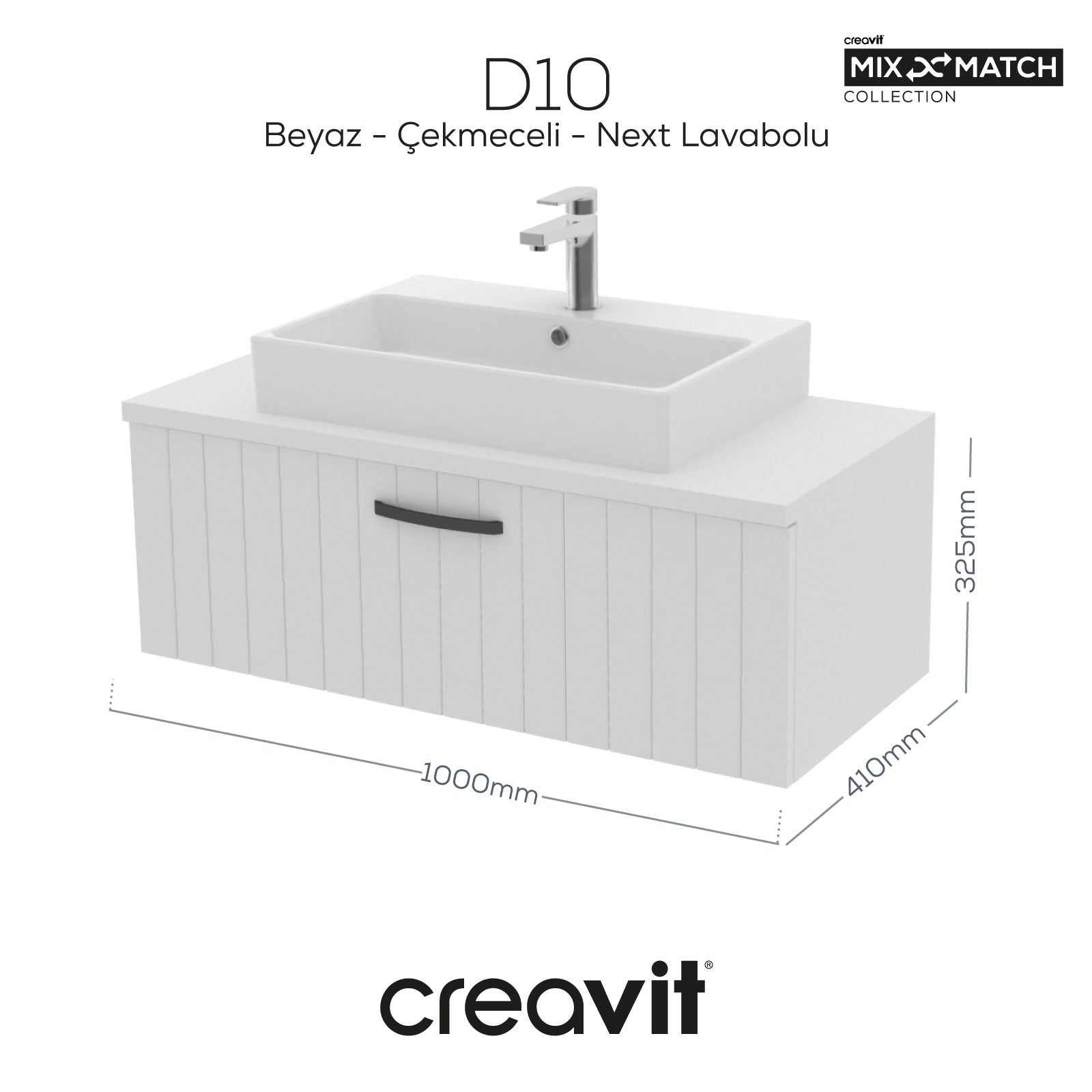 D10 Next Lavabo Dolabı Çekmeceli 100 cm Beyaz Lake - Creavit | Banyo Bu Tarafta