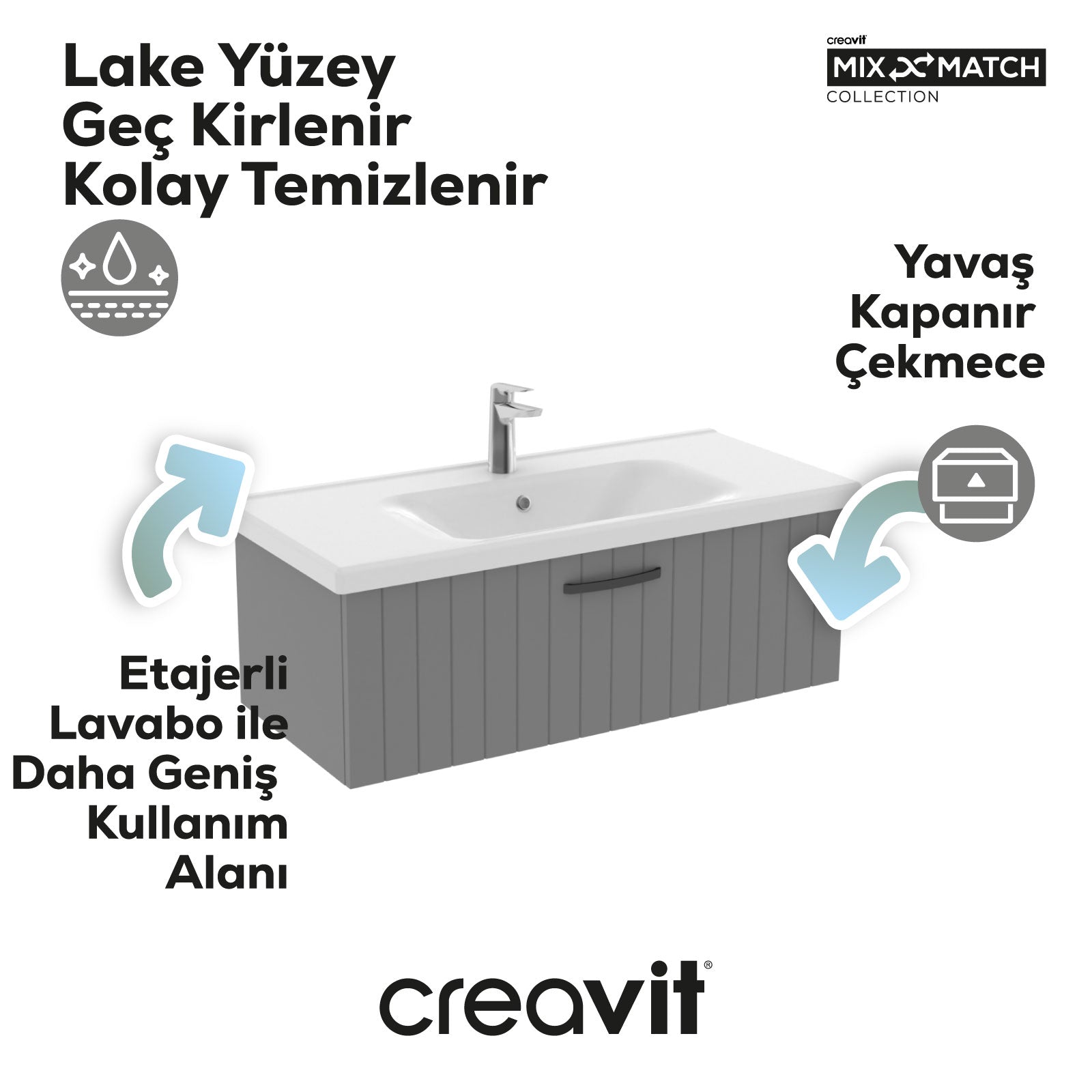 D10 Eksen Lavabo Dolabı Çekmeceli 100 cm Gri Lake - Creavit | Banyo Bu Tarafta