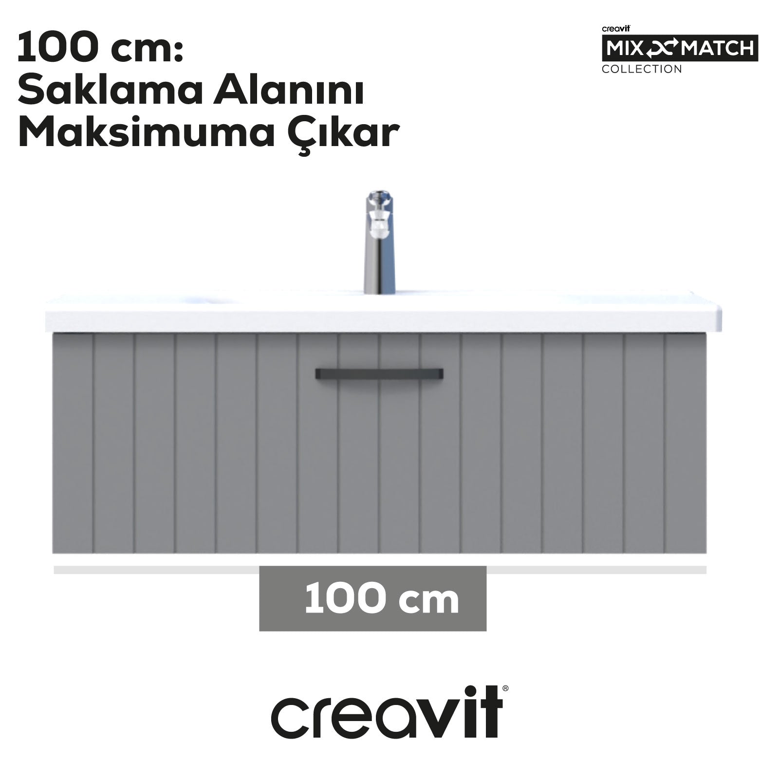 D10 Eksen Lavabo Dolabı Çekmeceli 100 cm Gri Lake - Creavit | Banyo Bu Tarafta