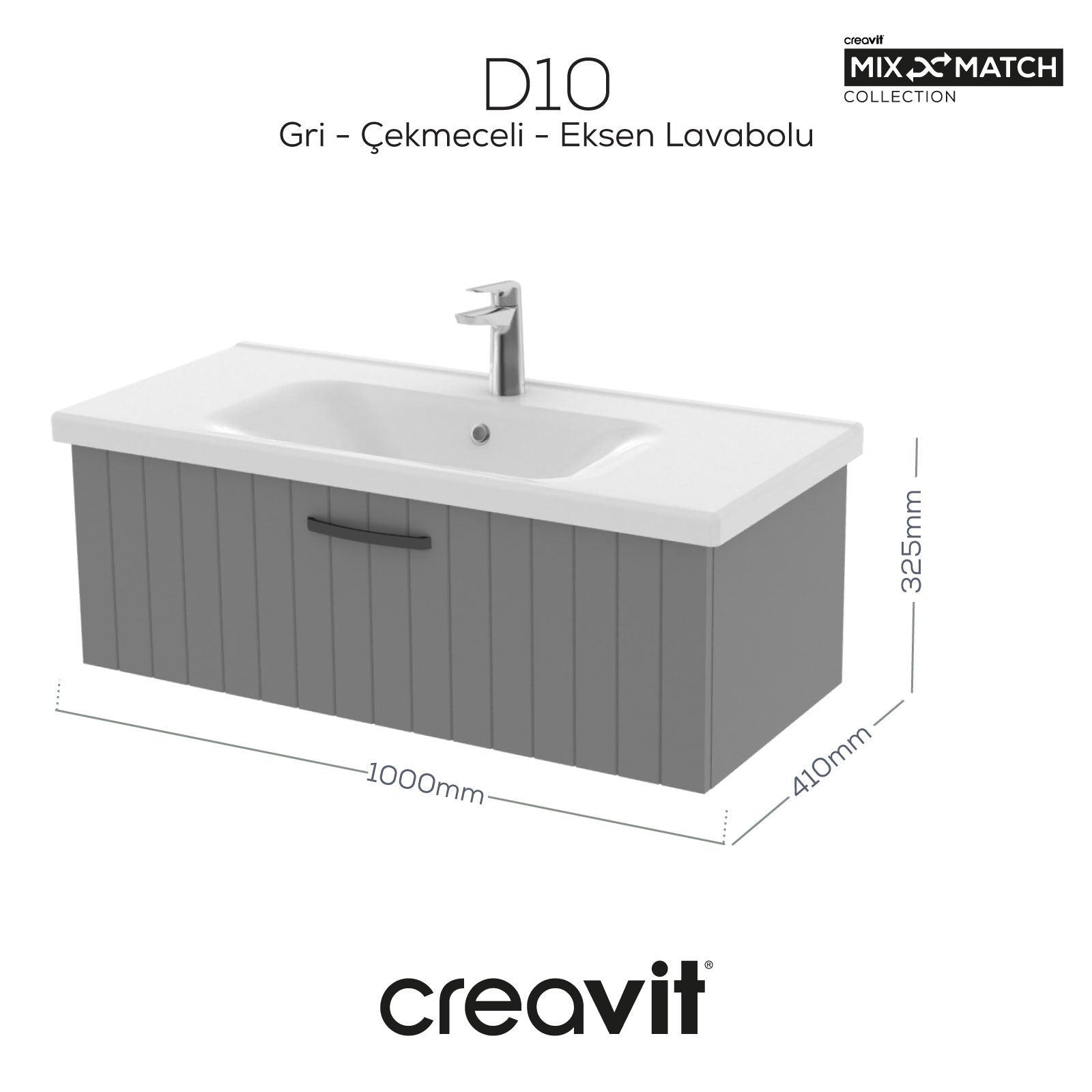 D10 Eksen Lavabo Dolabı Çekmeceli 100 cm Gri Lake - Creavit | Banyo Bu Tarafta