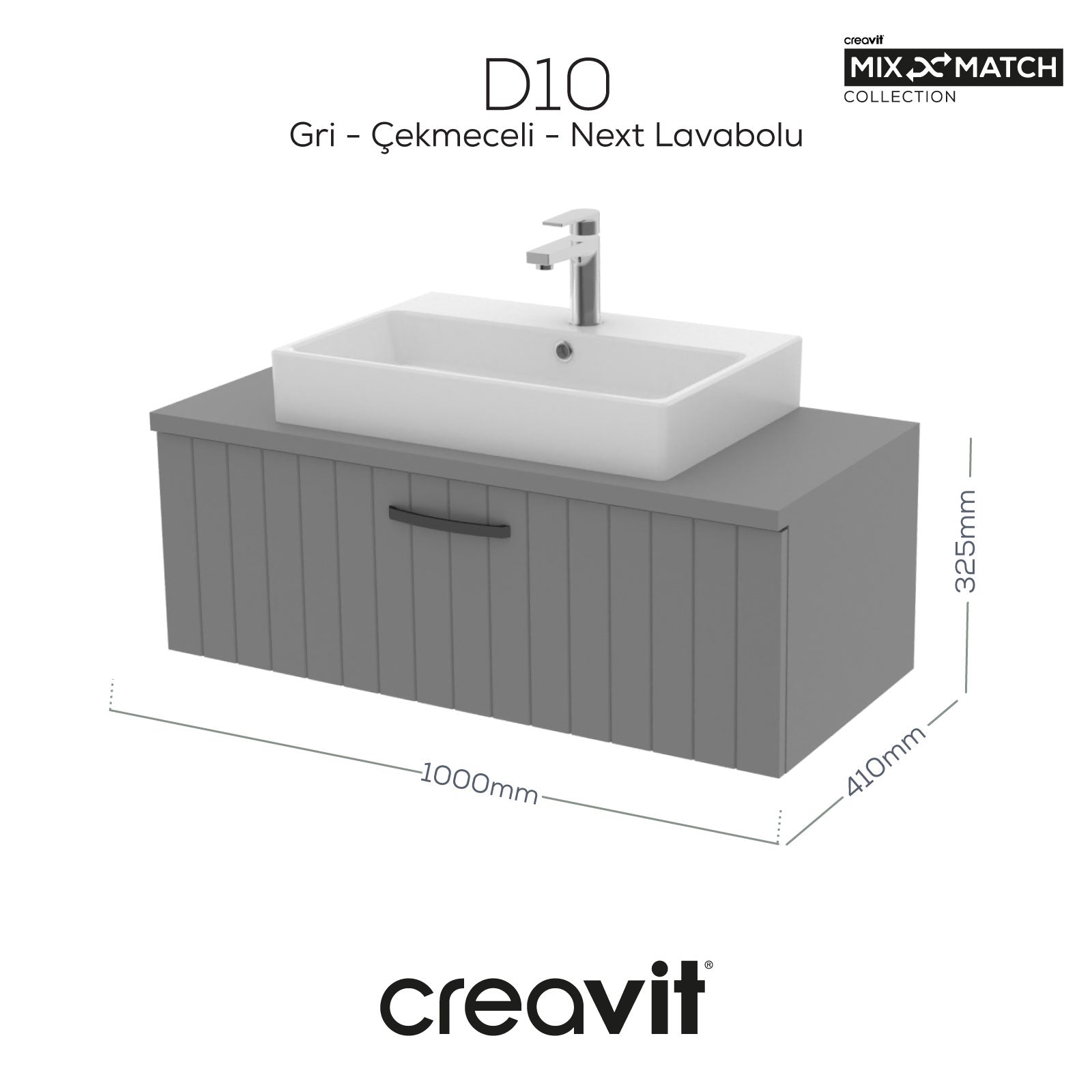 D10 Next Lavabo Dolabı Çekmeceli 100 cm Gri Lake - Creavit | Banyo Bu Tarafta