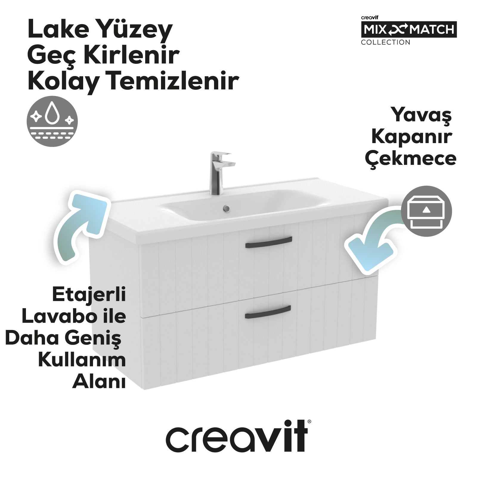 D10 Eksen Lavabo Dolabı İki Çekmeceli 100 cm Beyaz Lake Kapak - Creavit | Banyo Bu Tarafta