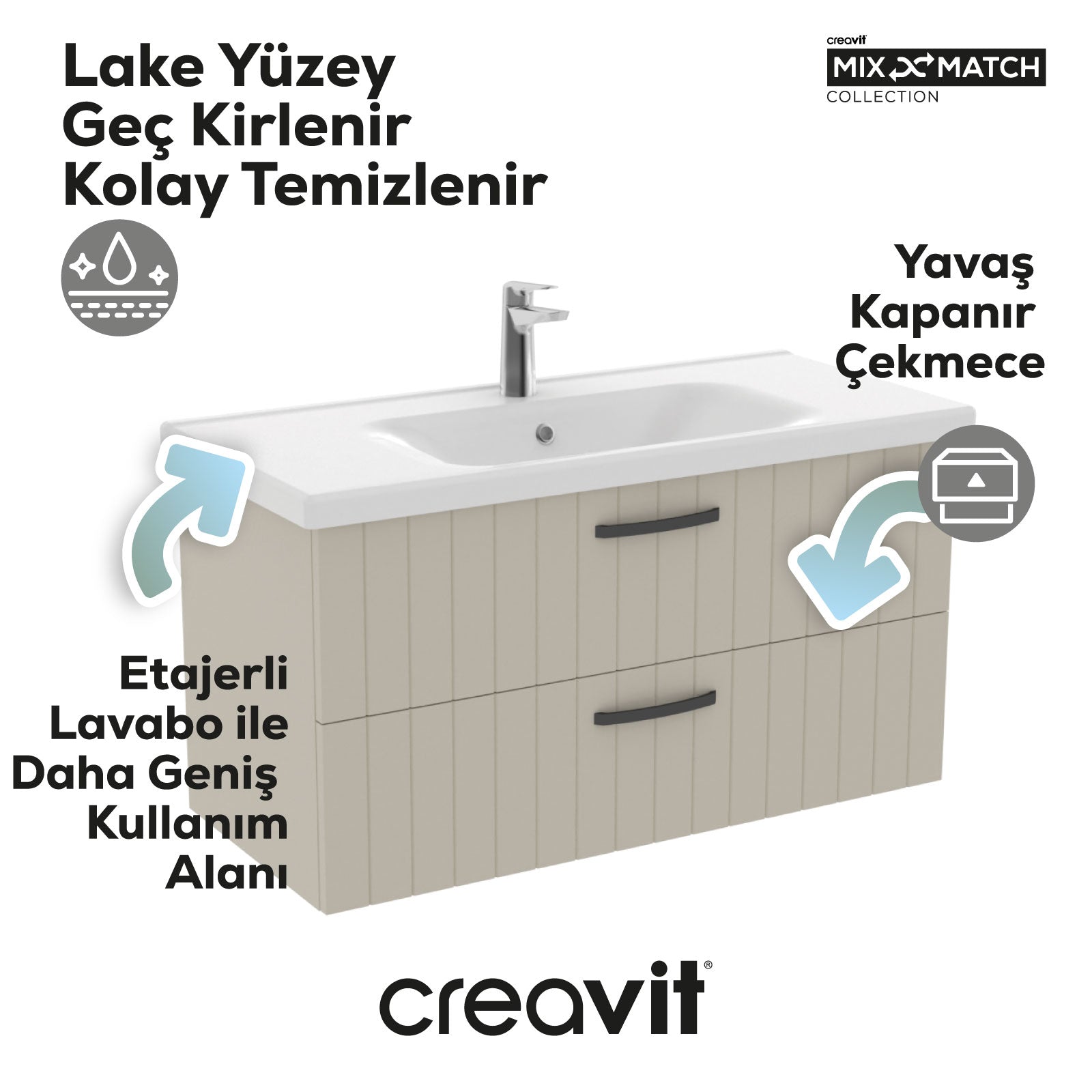 D10 Eksen Lavabo Dolabı İki Çekmeceli 100 cm Dafne Lake Kapak - Creavit | Banyo Bu Tarafta