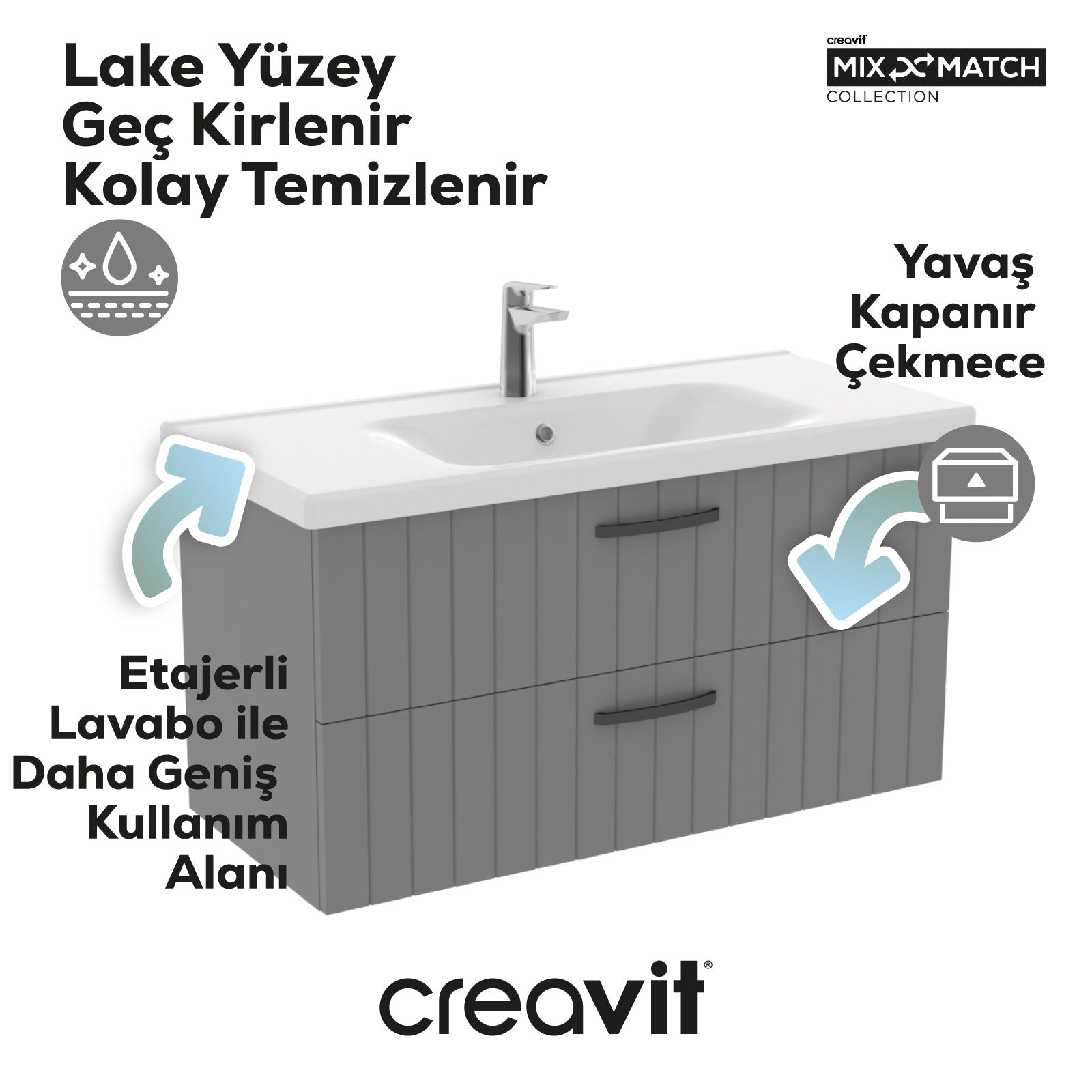 D10 Eksen Lavabo Dolabı İki Çekmeceli 100 cm Gri Lake Kapak - Creavit | Banyo Bu Tarafta