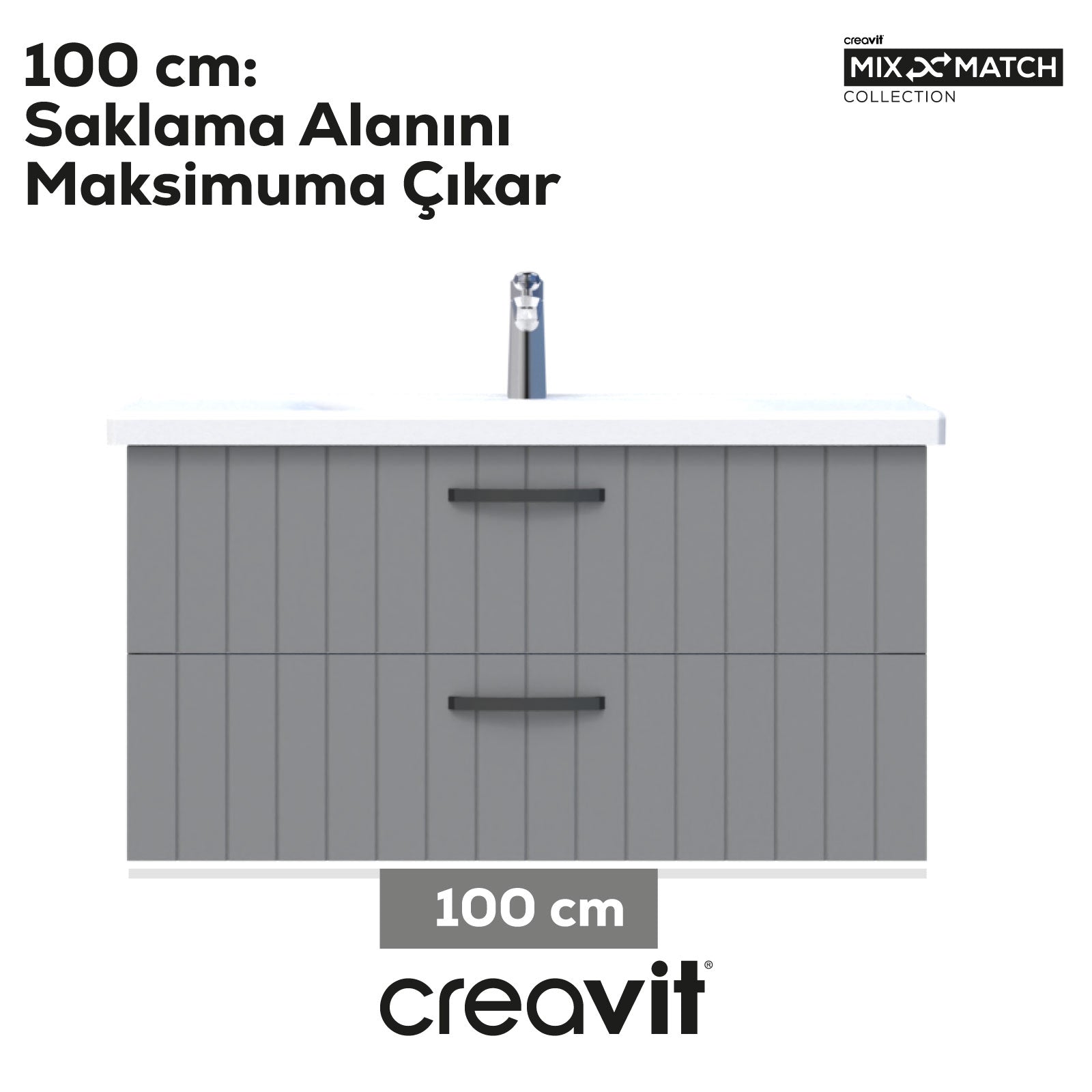 D10 Eksen Lavabo Dolabı İki Çekmeceli 100 cm Gri Lake Kapak - Creavit | Banyo Bu Tarafta