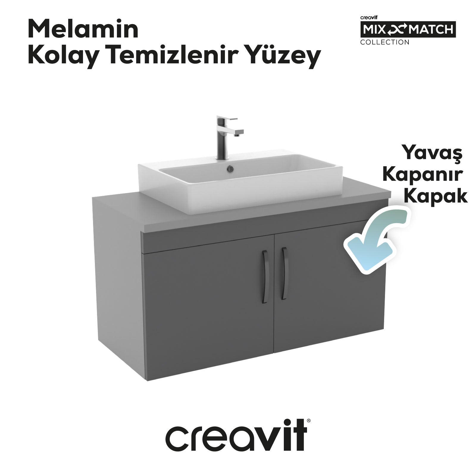 D10 Next Lavabo Dolabı Kapaklı 100 cm Gri Melamin Gövde Antrasit Kapak - Creavit | Banyo Bu Tarafta