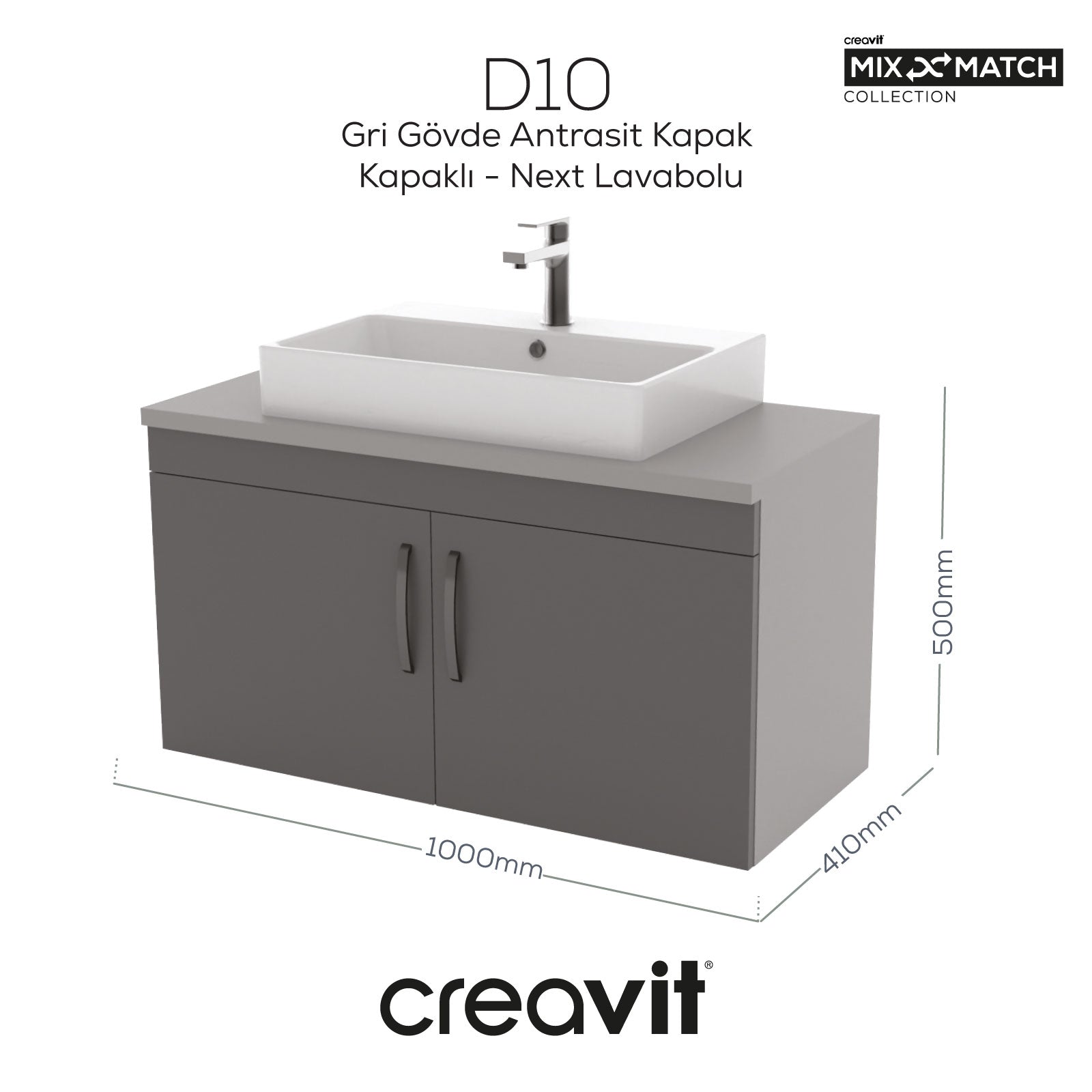 D10 Next Lavabo Dolabı Kapaklı 100 cm Gri Melamin Gövde Antrasit Kapak - Creavit | Banyo Bu Tarafta