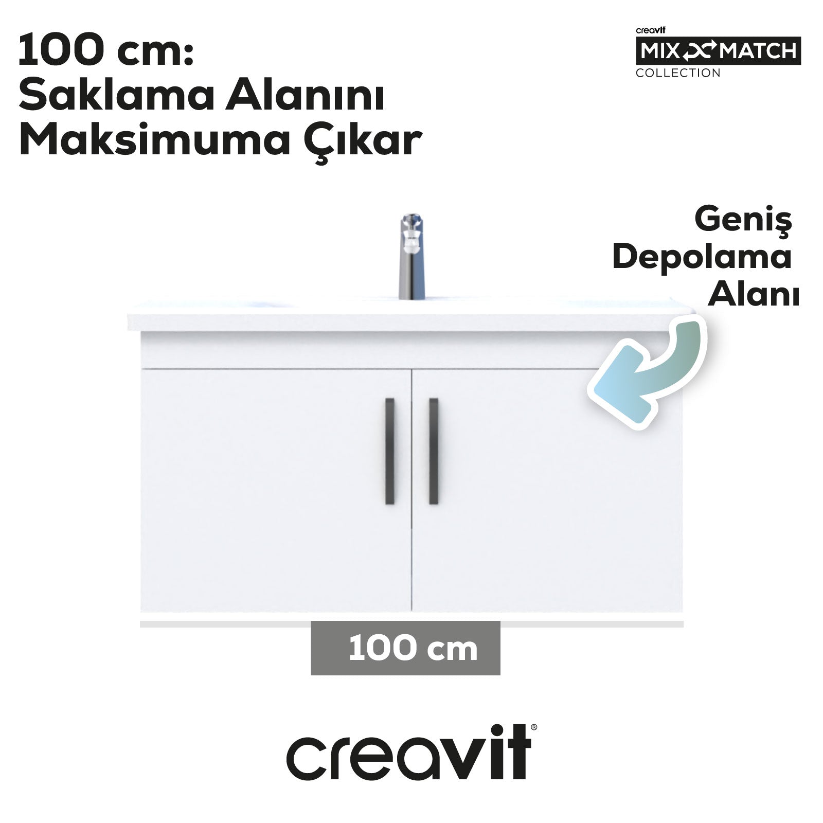 D10 Eksen Lavabo Dolabı Kapaklı 100 cm Beyaz - Creavit | Banyo Bu Tarafta