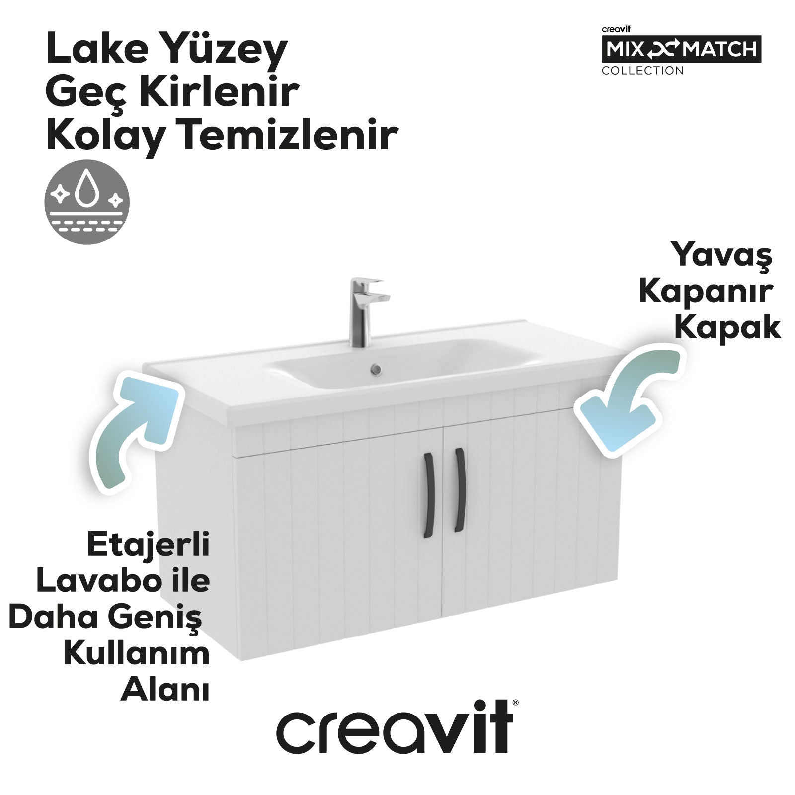 D10 Eksen Lavabo Dolabı Kapaklı 100 cm Beyaz Melamin Gövde Lake Kapak - Creavit | Banyo Bu Tarafta