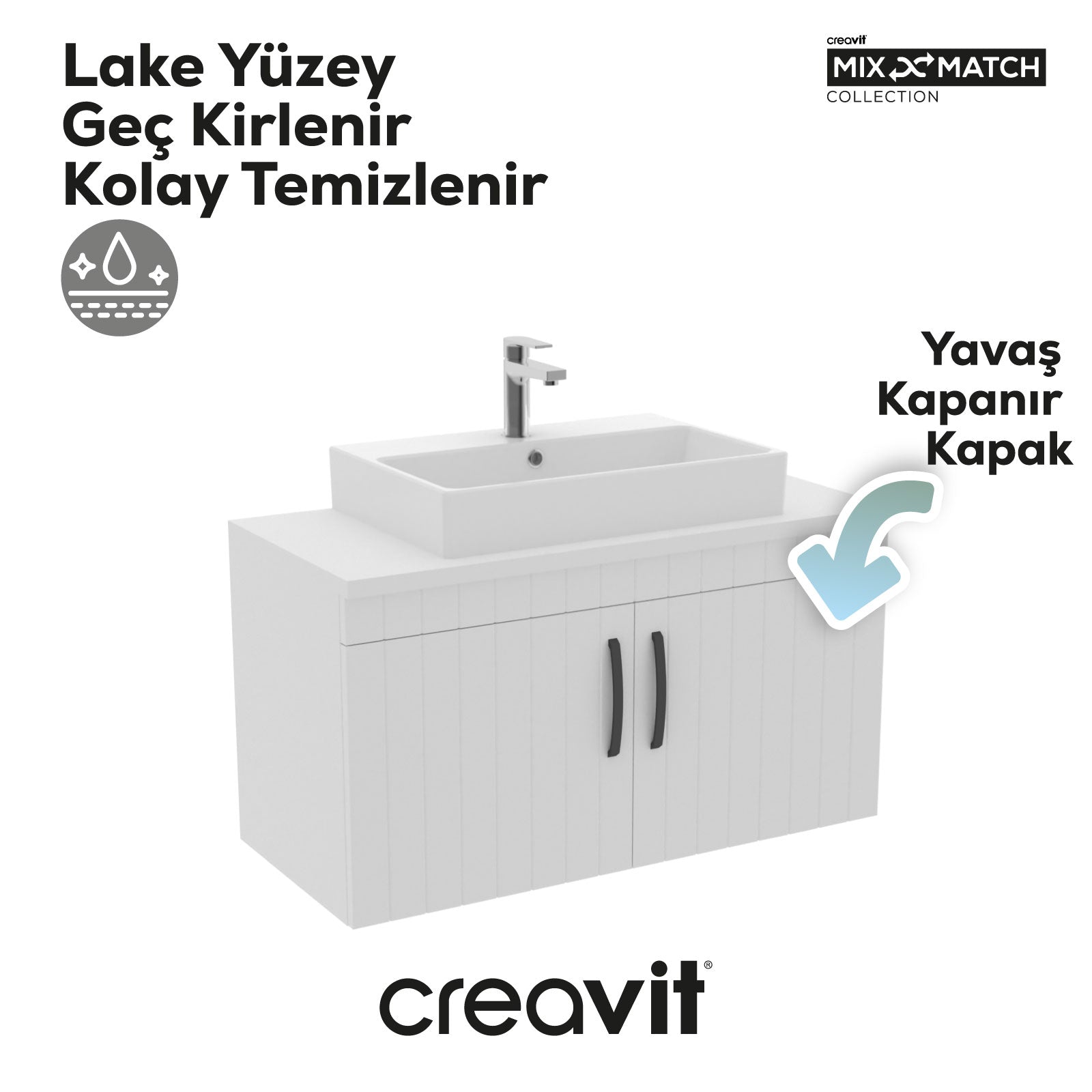 D10 Next Lavabo Dolabı Kapaklı 100 cm Beyaz Melamin Gövde Lake Kapak - Creavit | Banyo Bu Tarafta