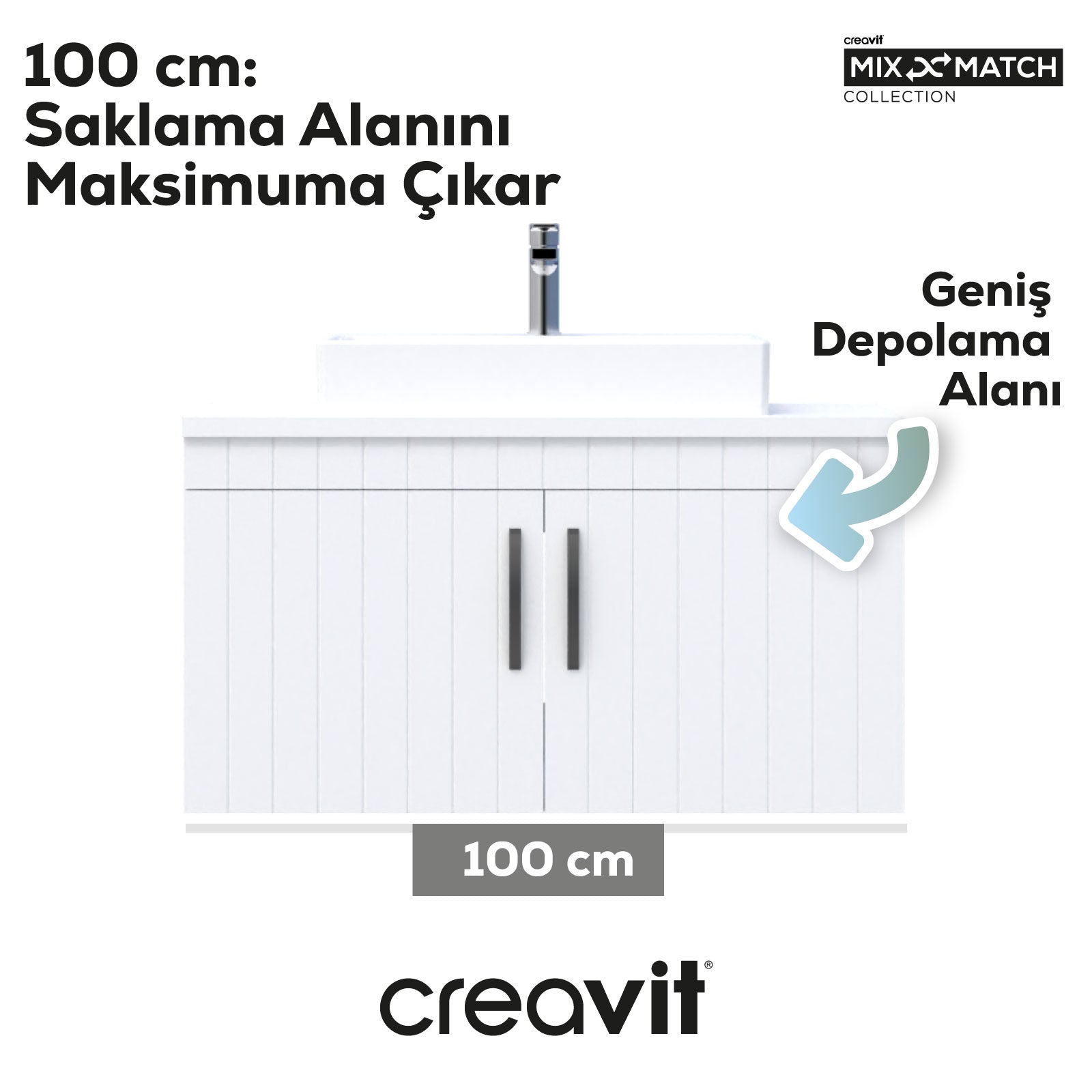 D10 Next Lavabo Dolabı Kapaklı 100 cm Beyaz Melamin Gövde Lake Kapak - Creavit | Banyo Bu Tarafta