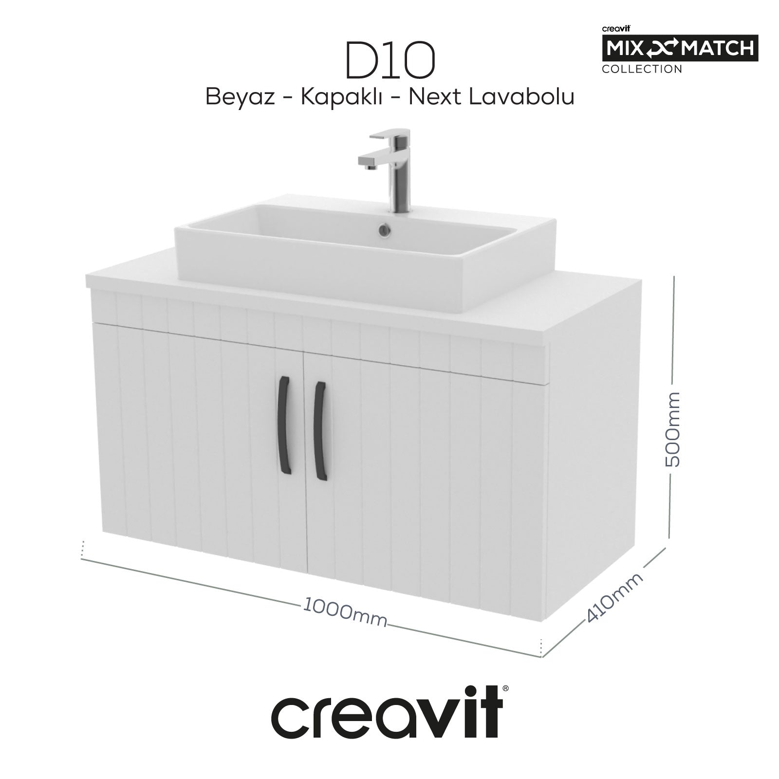 D10 Next Lavabo Dolabı Kapaklı 100 cm Beyaz Melamin Gövde Lake Kapak - Creavit | Banyo Bu Tarafta