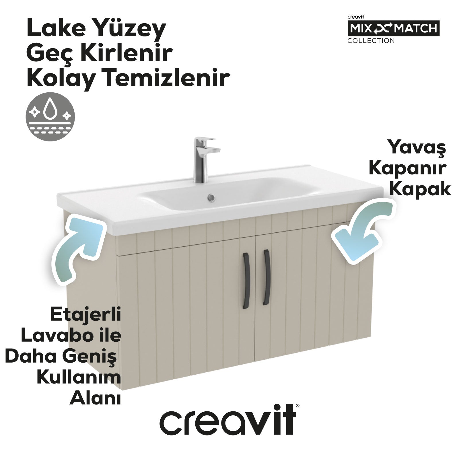 D10 Eksen Lavabo Dolabı Kapaklı 100 cm Dafne Melamin Gövde Lake Kapak - Creavit | Banyo Bu Tarafta